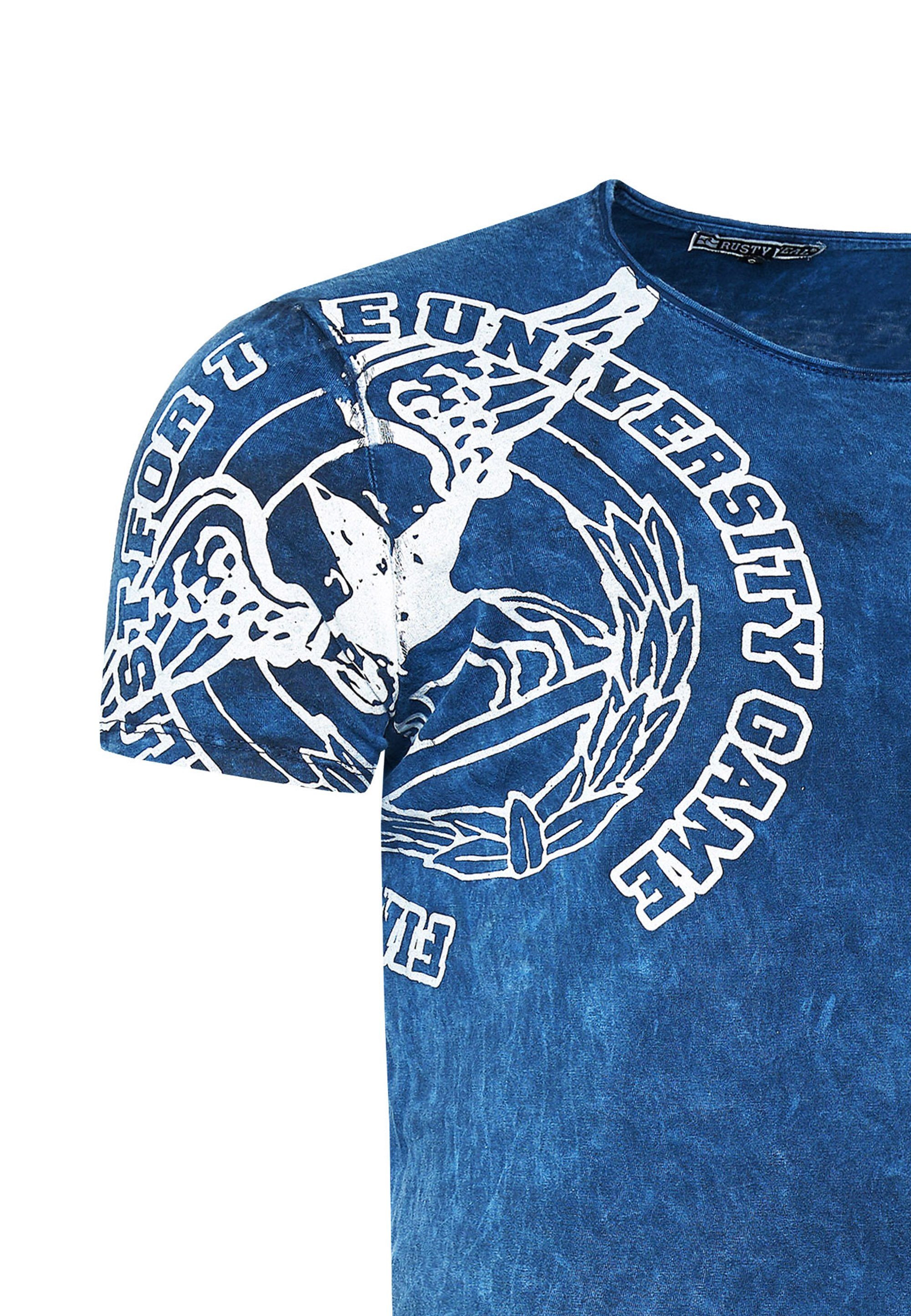 Rusty Neal T-Shirt eindrucksvollem blau Print mit
