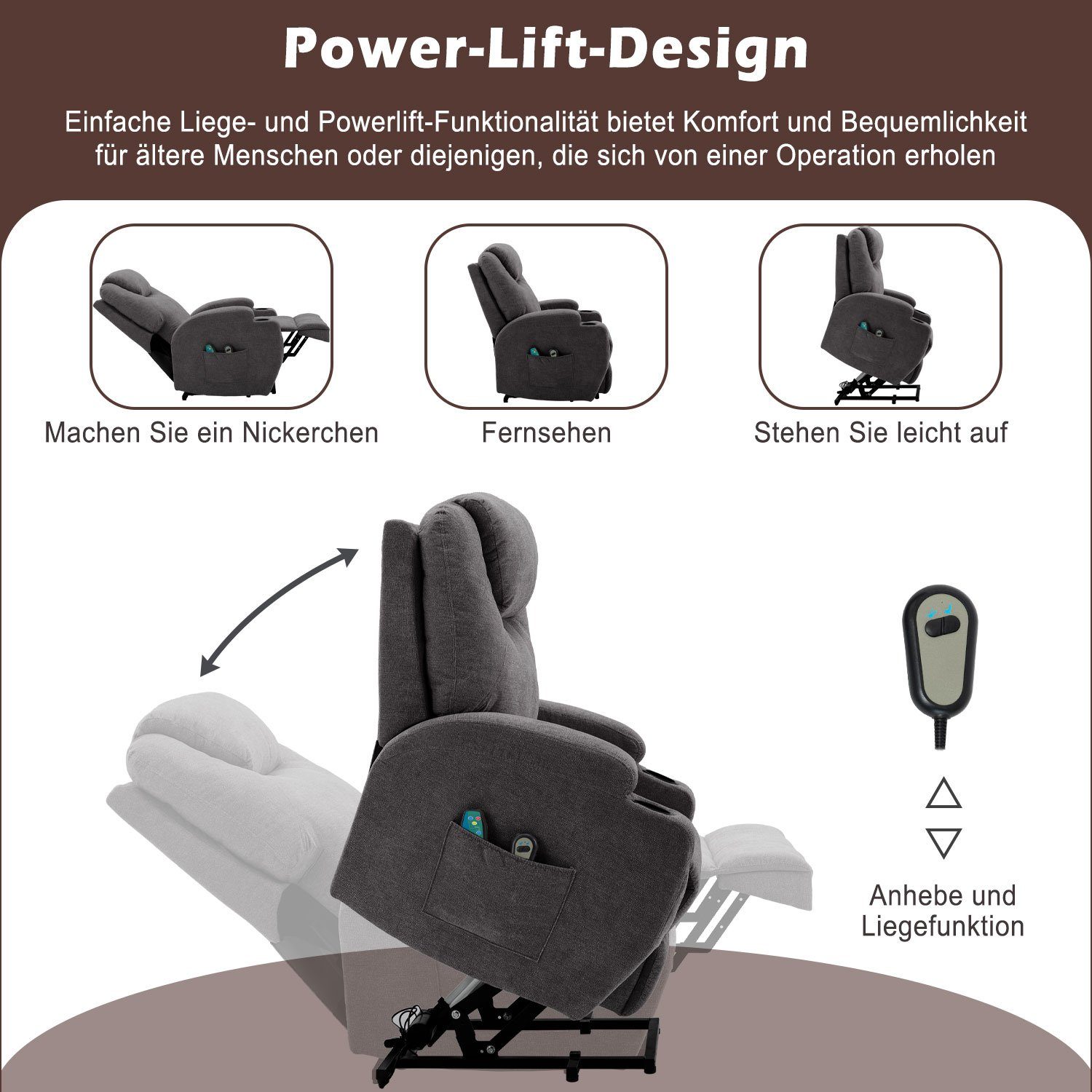 Wärmefunktion kg Grau Aufstehhilfe, (Liegefunktion, 130 Vibrationsmassage), | und zu Grau Fernsehsessel belastbar | TV-Sessel CAT Grau mit PHOEBE bis