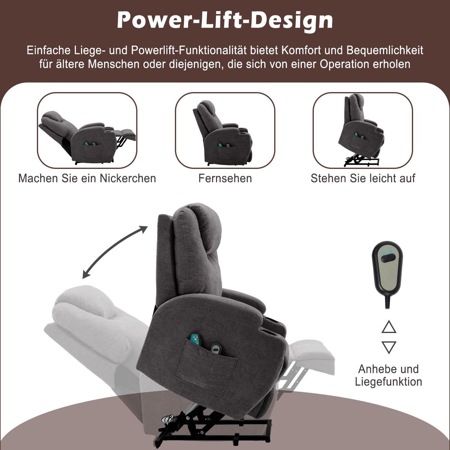 bis belastbar Wärmefunktion Fernsehsessel Aufstehhilfe, zu Grau Grau CAT Grau kg Vibrationsmassage), | | (Liegefunktion, PHOEBE und mit TV-Sessel 130