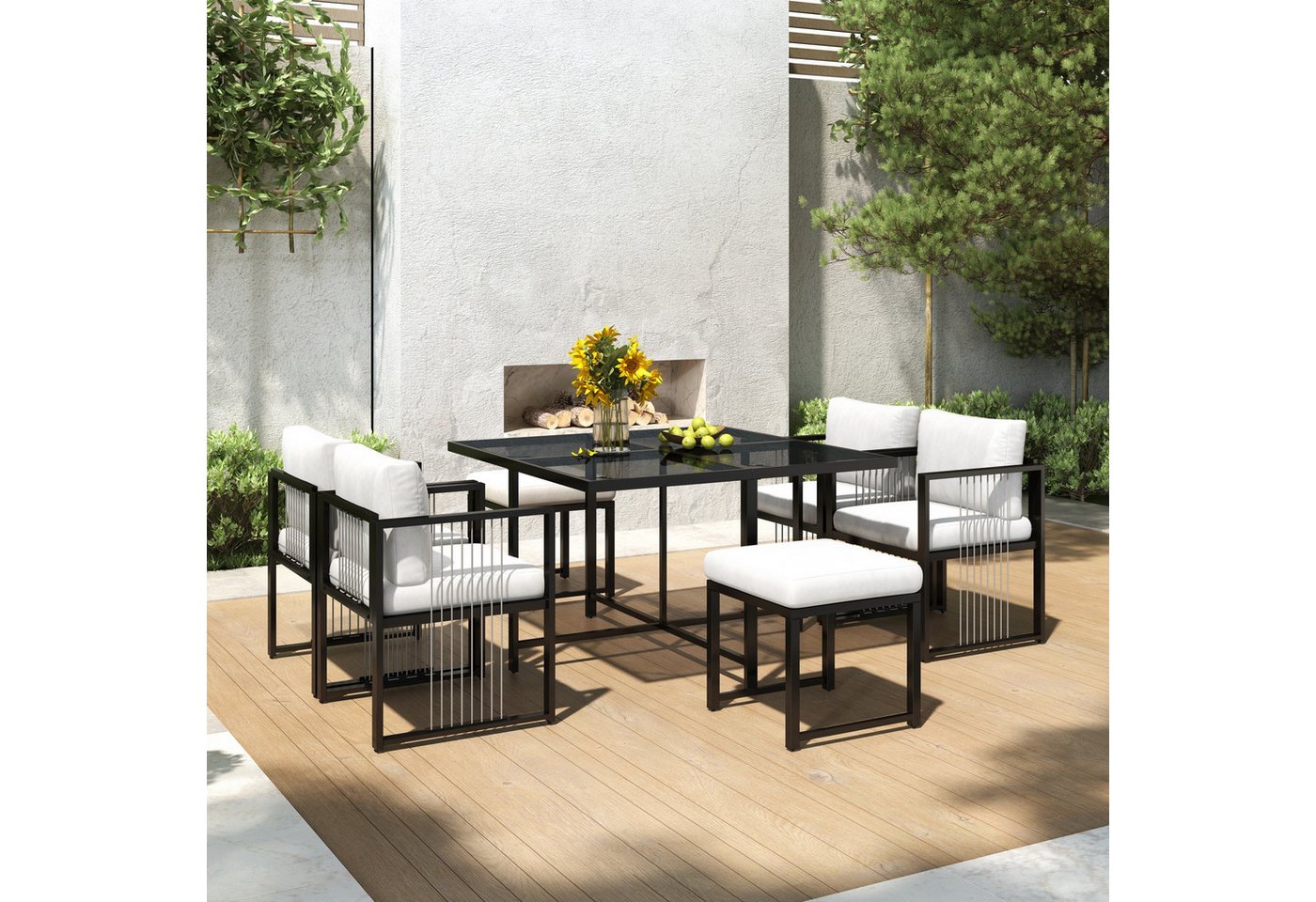 Merax Sitzgruppe aus Seil und verzinktem Eisen, (7-tlg., Gartengarnitur Gartenlounge Balkonmöbel), Gartenmöbel-Set für 6 Personen, Essgruppe mit Sessel, Hocker & Tisch