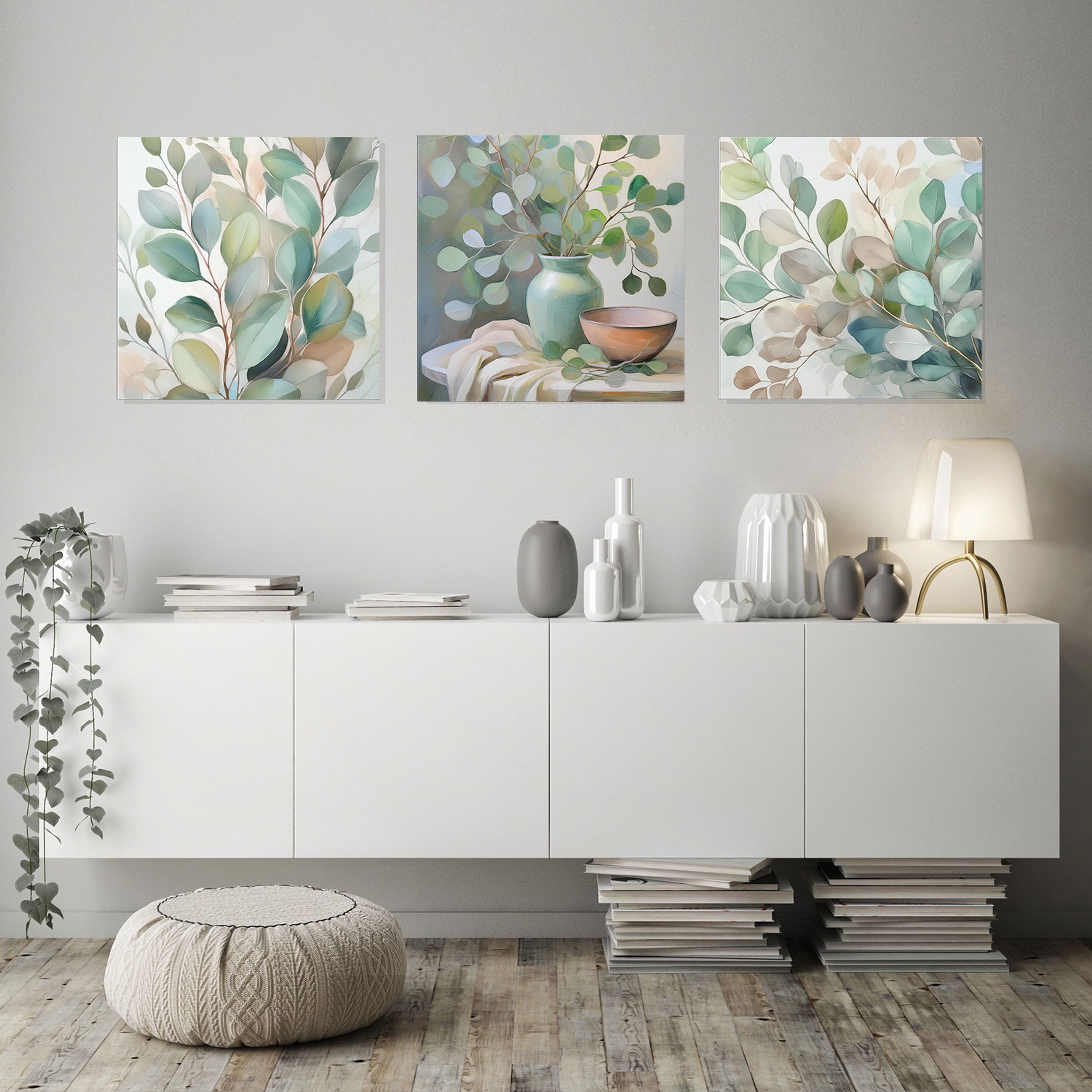 artissimo Glasbild Bild aus Glas 50x50 cm / Wandbild Quadratisch / Wanddeko modern, Stillleben: Eukalyptuszweige mit Schale in salbei grün – Bild 3 von 5