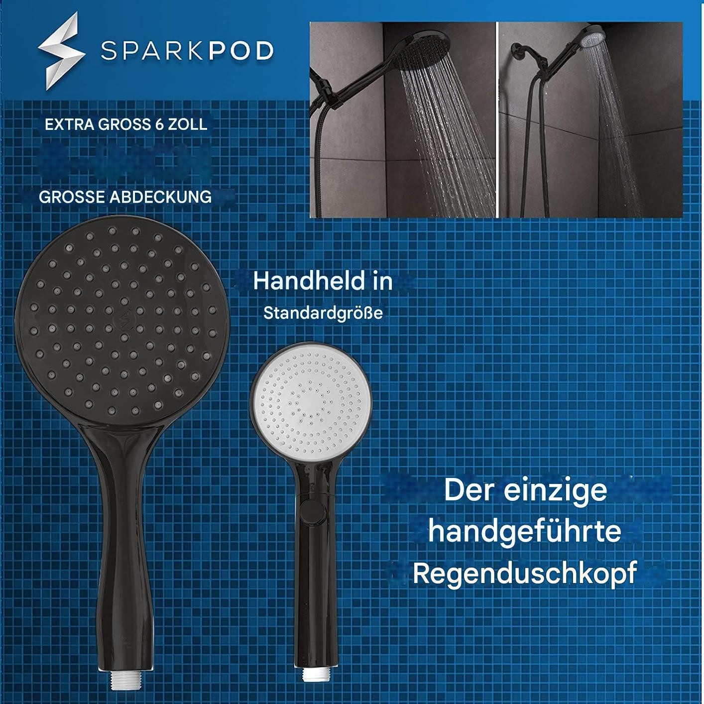 sparkpod Handbrause Handbrause XXL Regendusche Hochdruck Duschkopf Schwarz Matt, (Einzelartikel Handbrause XXL Regendusche Duschkopf Hochdruck, 3-tlg., 1 Handbr – Bild 4 von 5
