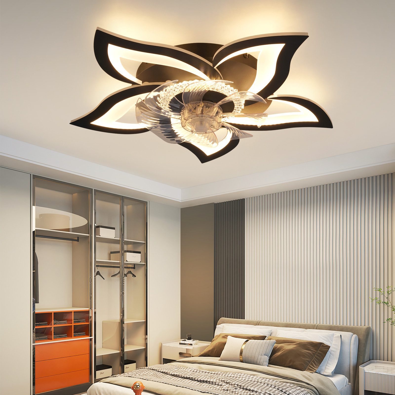ZMH Deckenventilator Mit Beleuchtung 48W schwarz/weiß Deckenleuchte Timer Schlafzimmer