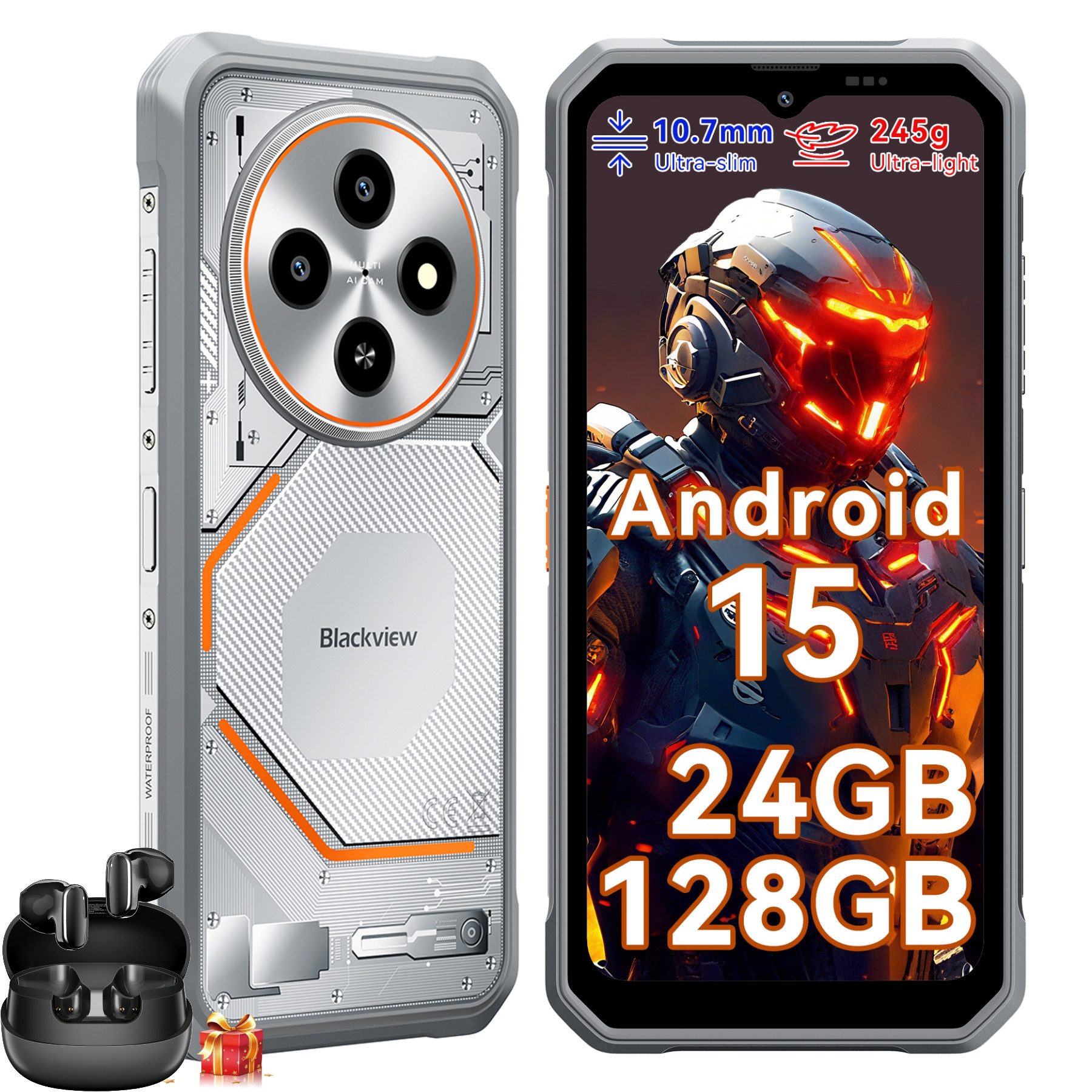 blackview FORT 2 Ultradünnes Android 15 incl. Airbuds 20 Outdoor Smartphone (6.56 Zoll, 128 GB Speicherplatz, DokeOS 5.0, Android 15, 24GB, 16MP, 5W OTG)