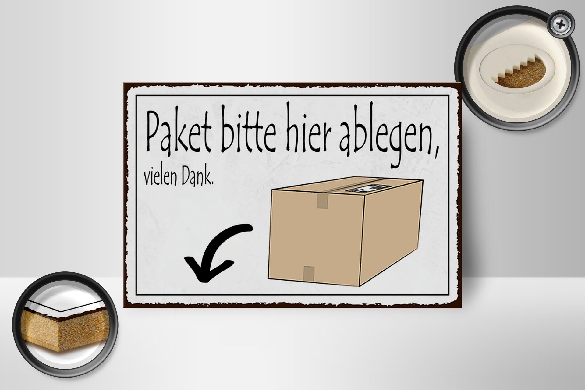 Femer GmbH Holzbild Spruch 18x12 cm Paket bitte hier ablegen vielen Dank, Sprüche Zitate Lustiges (1 St), Glatte Holzfaserplatte (MDF), vorn beschichtet
