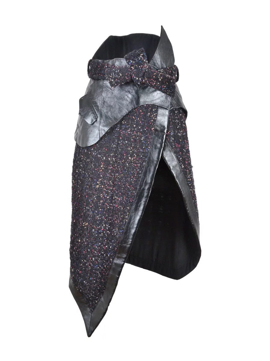 RUA & RUA Bleistiftrock Asymmetrischer Rock aus Bouclé-Tweed & Leder Wickelrock