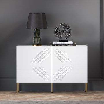 Lomadox Kommode CHENNAI-131, 114cm breit, weiß mit goldfarbenen Metallfüßen, grifflos, Frontfräsung