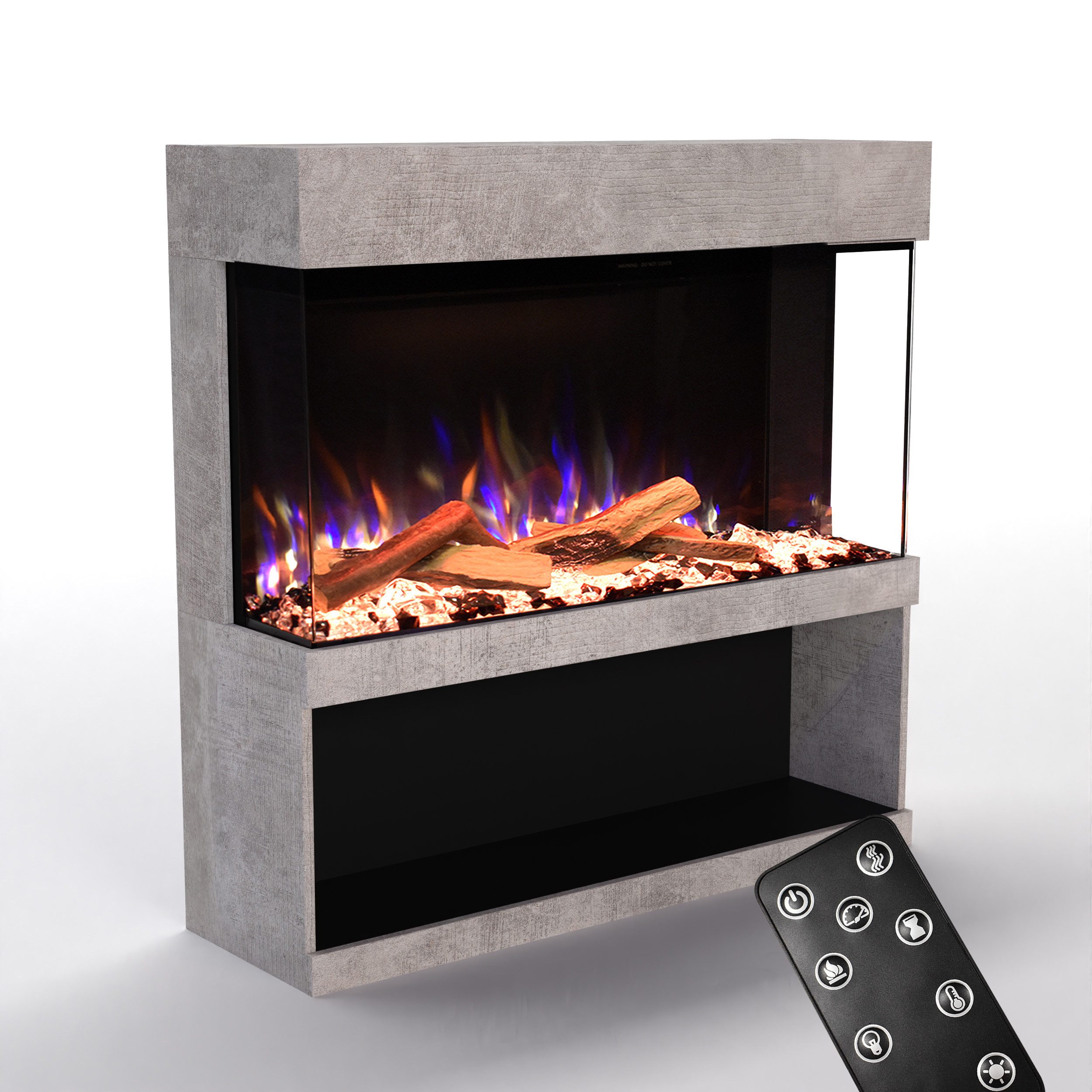GLOW FIRE Elektrokamin PR17 E-Motion 3D, Elektrischer Kamin mit 3D Feuer mit Heizung, täuschend echte Flamme mit Heizung, 3 Dekorationen