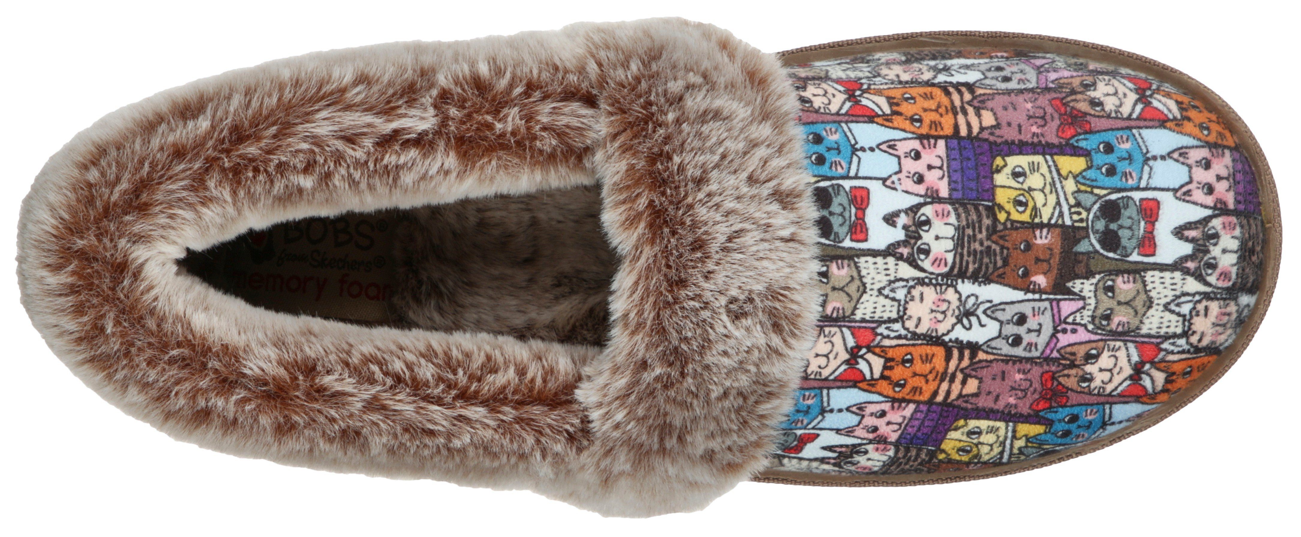 Skechers TOO COZY CHIC CAT Pantoffel Hausschuh mit witzigem Katzenprint