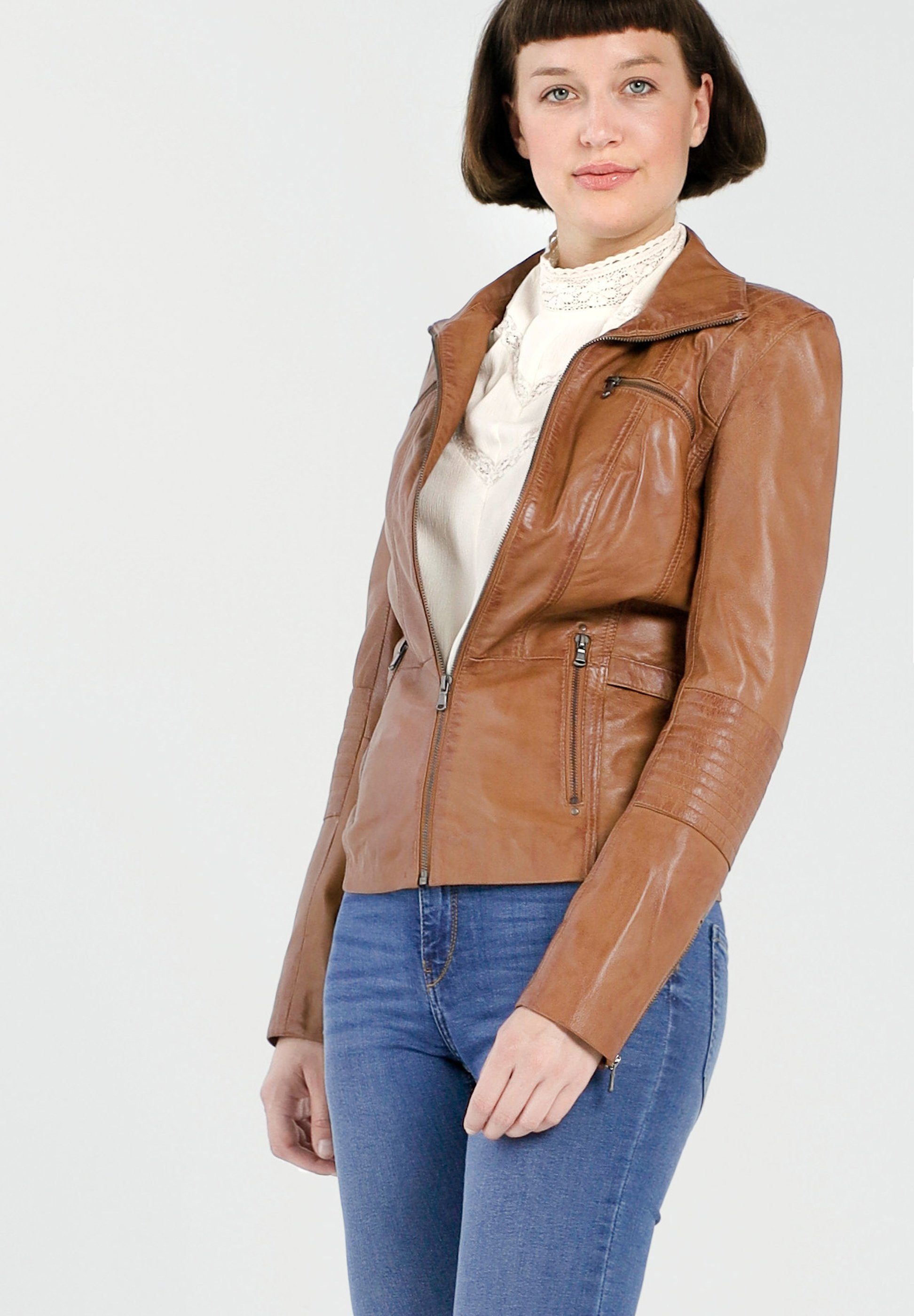 Lederjacke im Braun Cognac CBL Lederjacke moderne Biker-Look Lederjacke