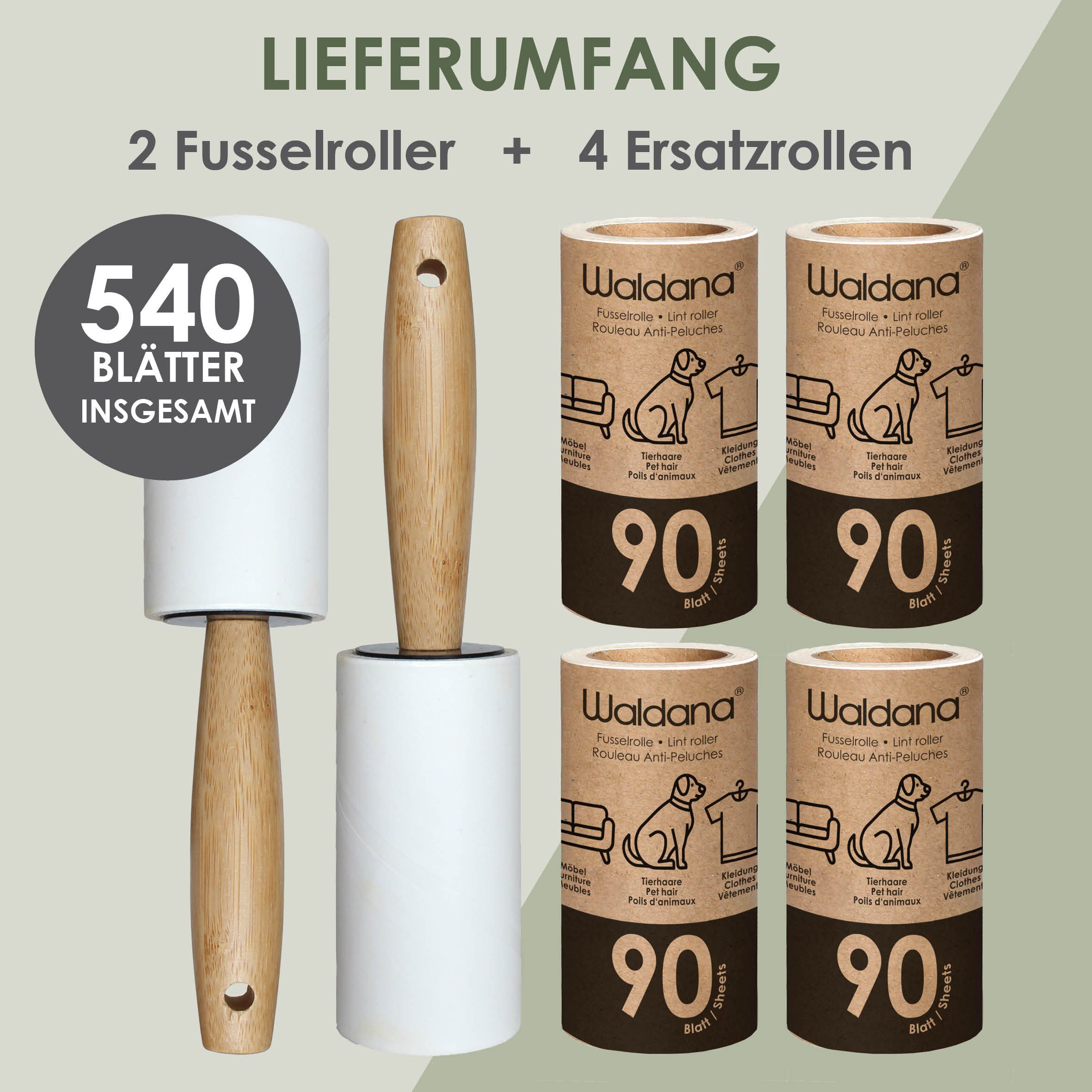 Waldana Fusselroller Set - 6 Rollen je 90 Blatt - 540 Blatt - Fussel Tierhaar Entferner