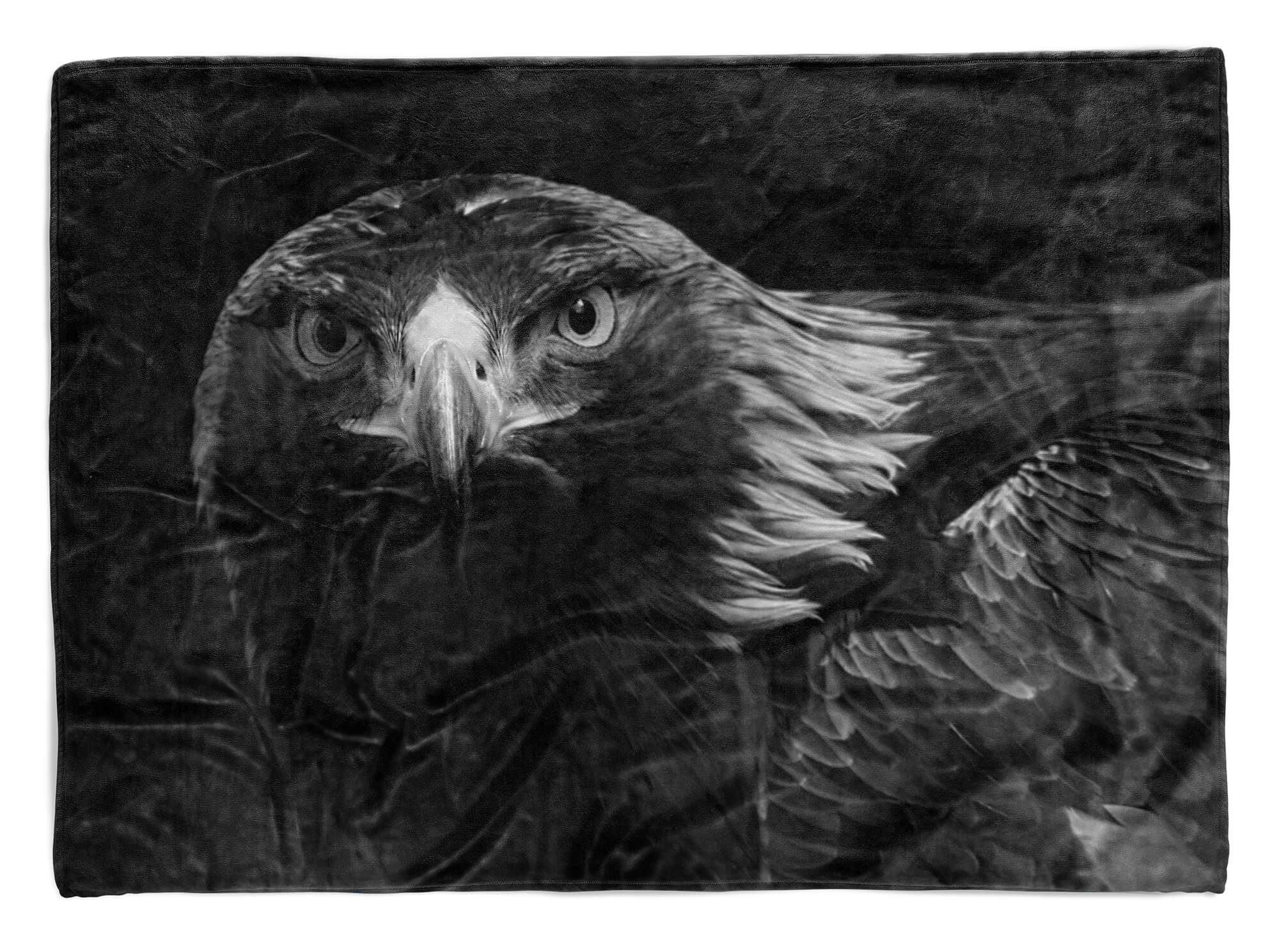 Sinus Art (1-St), Saunatuch Kuscheldecke Adler Baumwolle-Polyester-Mix Schwarz Handtuch Strandhandtuch Handtücher Handtuch mit Weiß, Tiermotiv