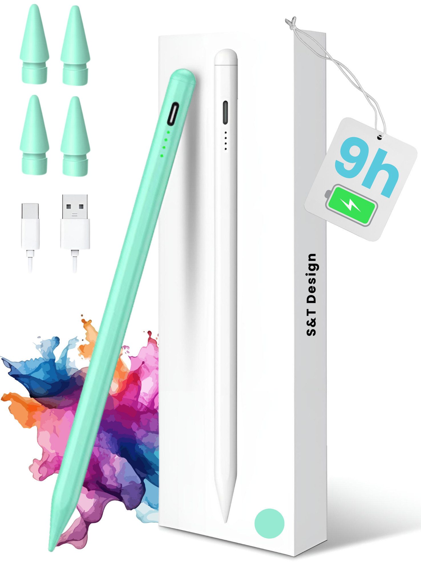 S&T Design Eingabestift Stift für iPad USB-C (2018-2024) Schnellladen für Apple iPads (2018-2024), mit 4x iPad Stift Spitzen) Tabletstift Stylus Pencil 2. Generation Pen USB-C