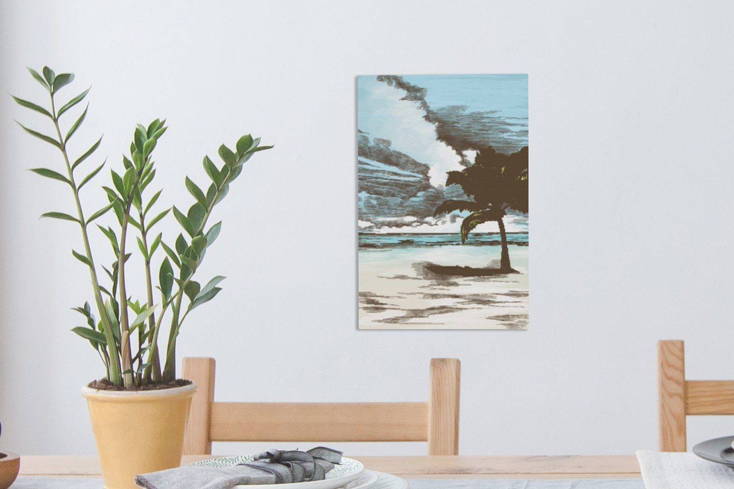 OneMillionCanvasses® Leinwandbild Palme - Leinwandbild 20x30 Gemälde, bespannt Meer, (1 Zackenaufhänger, St), - Strand fertig cm inkl