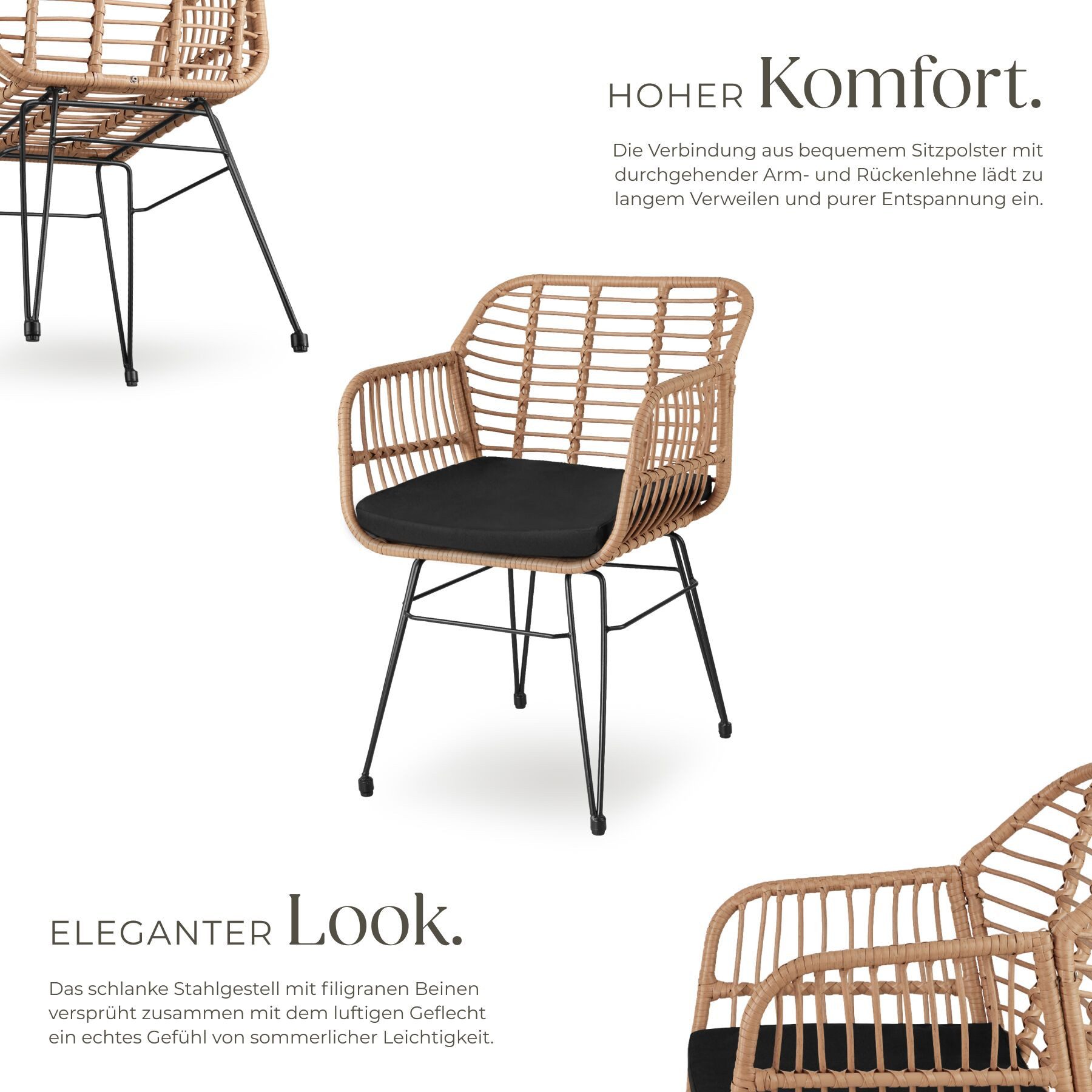 tectake Sitzgruppe Rattan-Gartenlounge für 2 Personen, filigranes Design, (Loungeset Molfetta, 3-tlg., für Außen in Naturfarben), widerstandsfähig, UV-beständig, mit Sicherheitsglasplatte