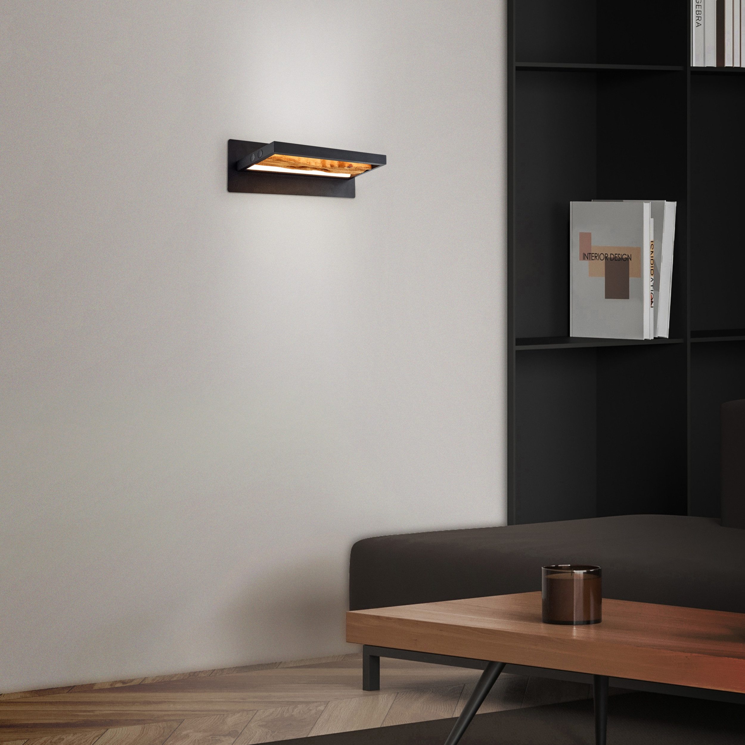 Lightbox Wandleuchte, LED fest integriert, Warmweiß, LED Wandlampe, 35 cm Breite, 930 lm 3000 K, Metall/Holz, schwarz/braun