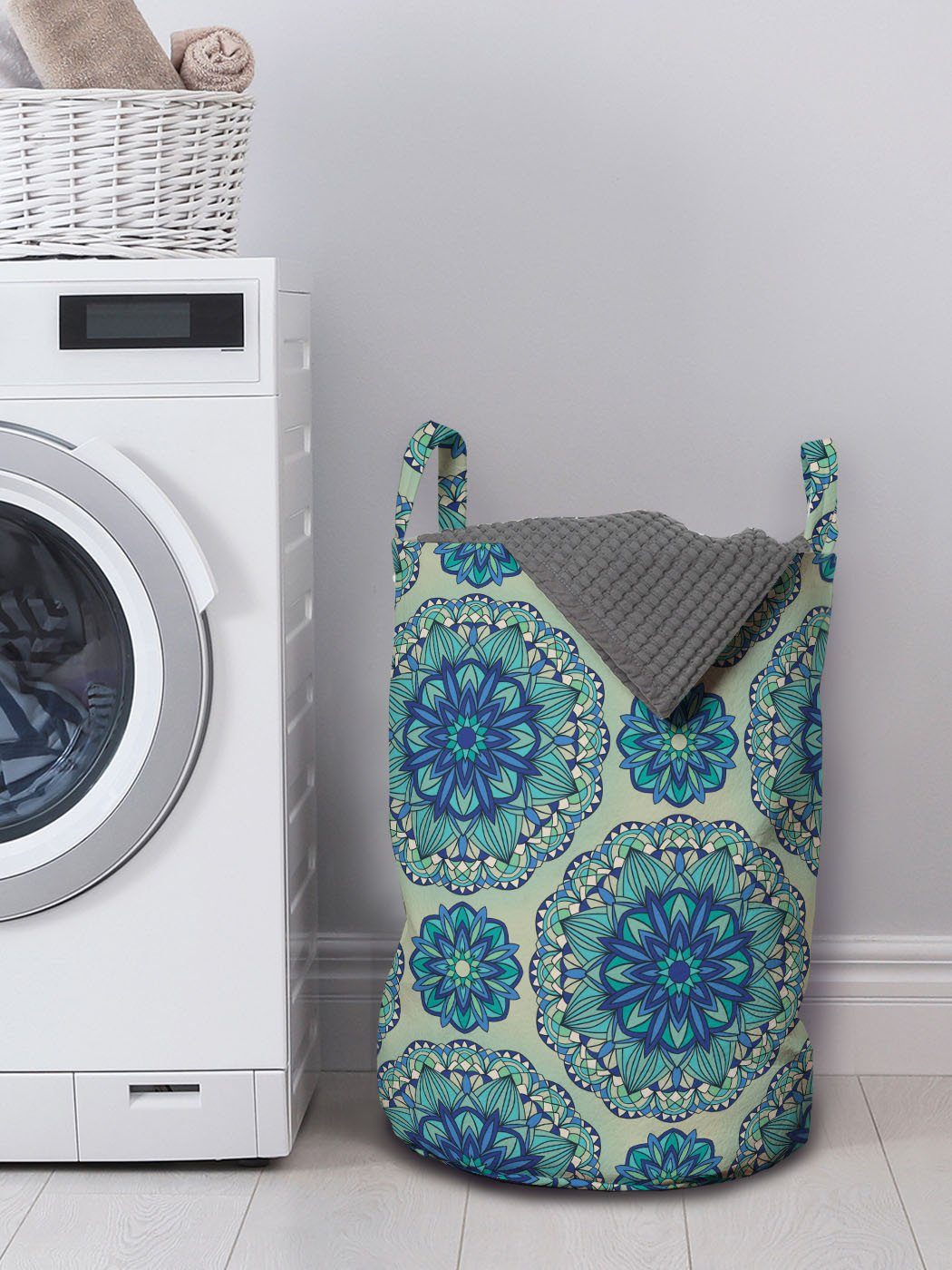 Abakuhaus Wäschesäckchen Wäschekorb mit Griffen ornamentale für Details Waschsalons, Kordelzugverschluss Floral Mandala