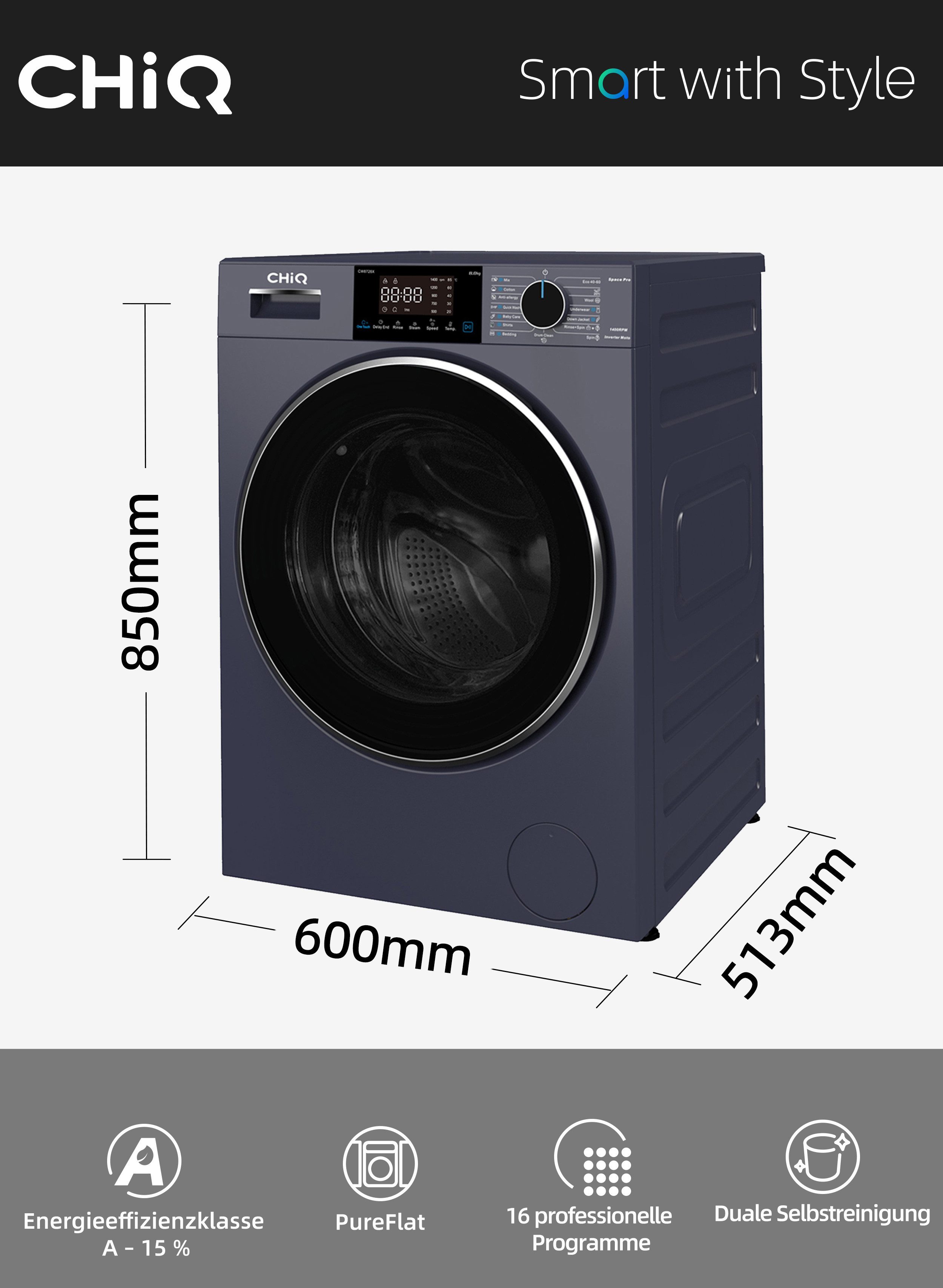 CHiQ Waschmaschine Pure Flat Design CW8728X, 8 kg, 1400 U/min, EEK A-15%, 12 Jahre Garantie, 15-Minuten-Kurzprogramm