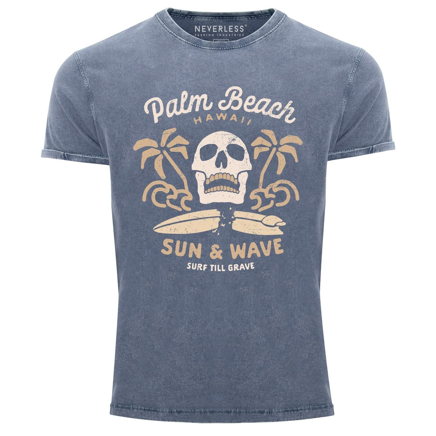 Neverless Print-Shirt Neverless® Herren T-Shirt Surf-Motiv Totenkopf Palm Beach Vintage Shirt mit Print blau