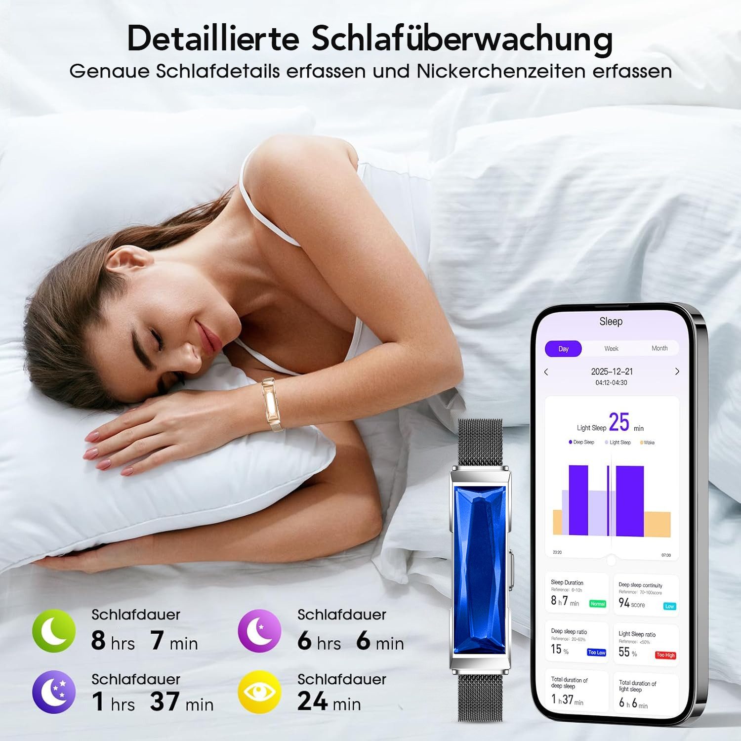 ANYSUN Fitness Tracker Uhr für Damen Herren,Smart Armband Smartwatch (47 cm) Smart-Armband,Schrittzähler/Blutsauerstoff/HRV/Schlaf-Tracker, Modisches Edelstein-Armband mit Nachrichten-/Anruferinnerung