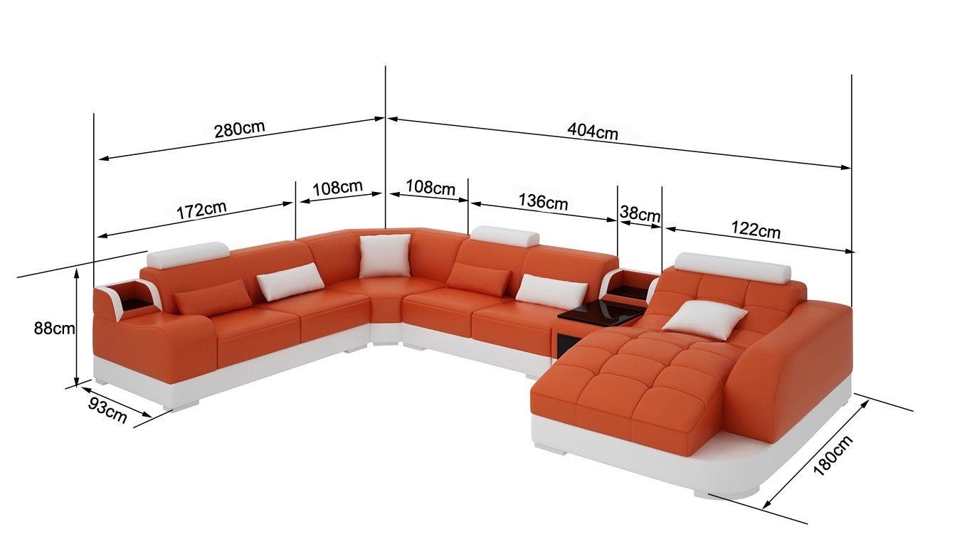 JVmoebel Ecksofa Ledersofa Designer Made Rot/Weiß U Polster Wohnlandschaft in Ecksofa, Sofa Form Couch Europe