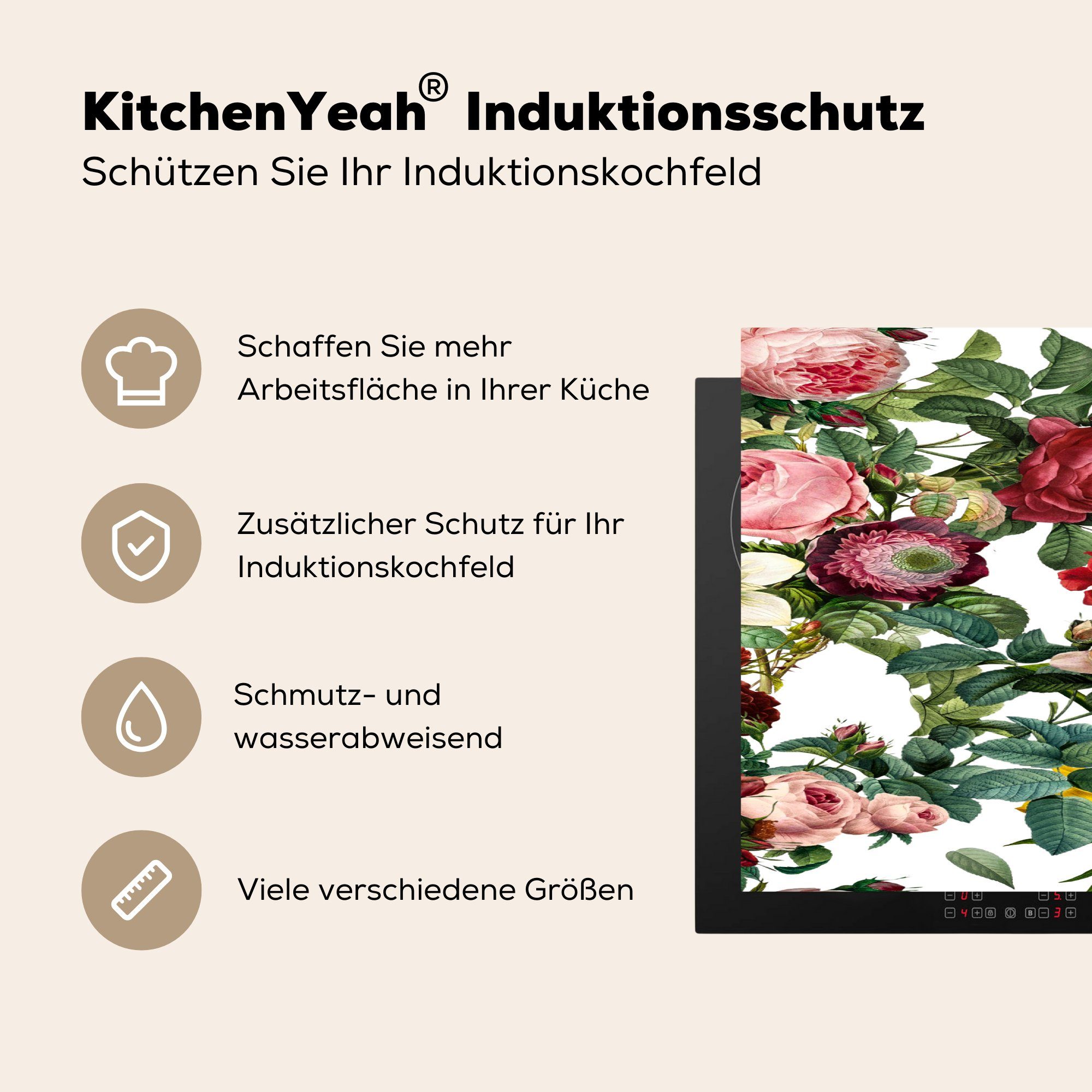 MuchoWow Herdblende-/Abdeckplatte Blumen - Vinyl, 81x52 Rosa die Ceranfeldabdeckung Rot Weiß, für küche, (1 - - Schutz cm, Induktionskochfeld tlg)