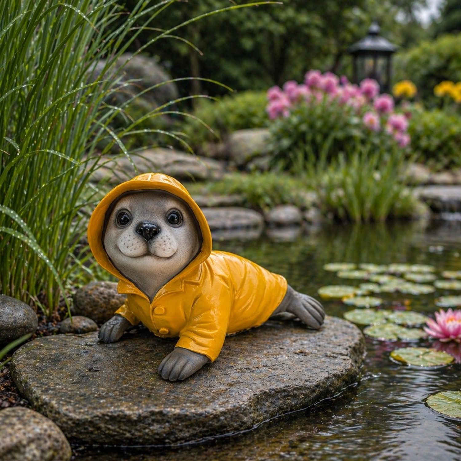 Online-Fuchs Gartenfigur für draußen - Seehund im Regenmantel - Teichdeko - 30 cm groß, (Robbe), aus hochwertigem Kunstharz gefertigt - wetterfest