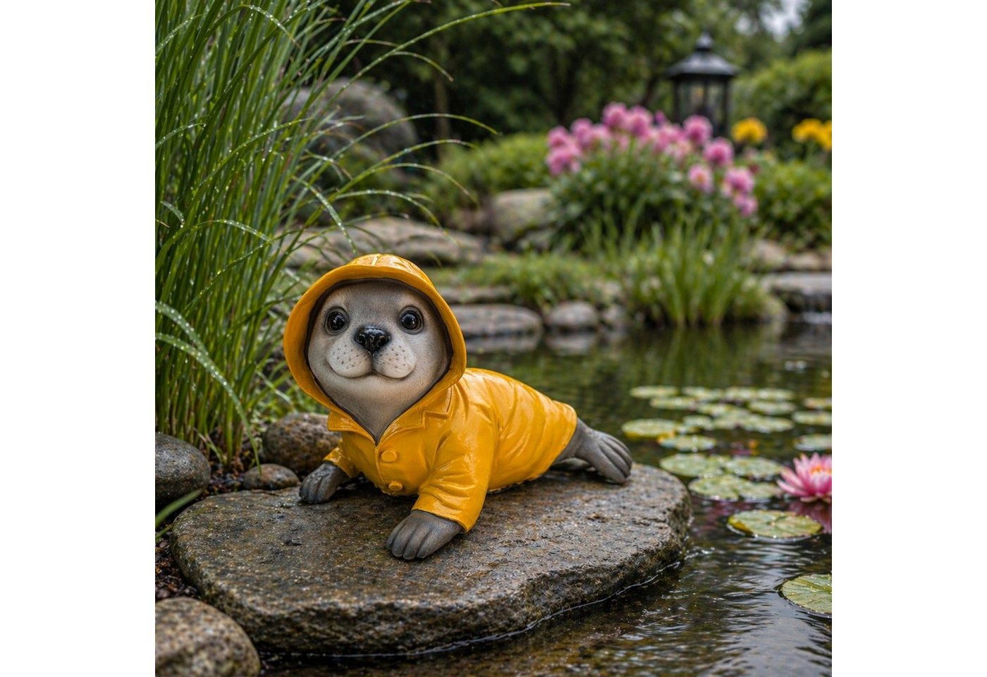Online-Fuchs Gartenfigur für draußen - Seehund im Regenmantel - Teichdeko - 30 cm groß, (Robbe), aus hochwertigem Kunstharz gefertigt - wetterfest