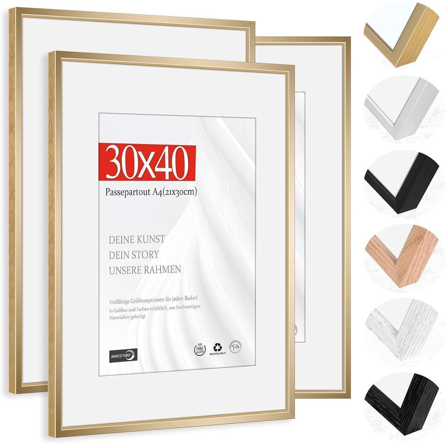 LuxusKollektion Bilderrahmen-Set Bilderrahmen Passepartout 21x30cm Alu Champagner Gold 30x40cm 3x