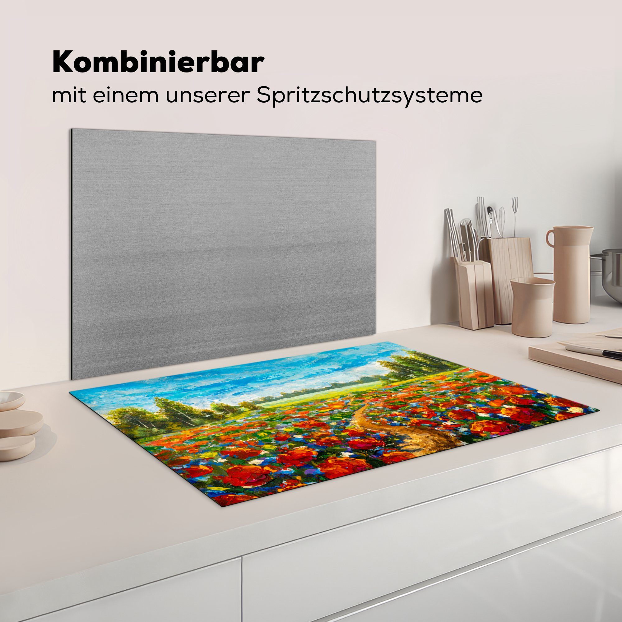 Schutz - cm, (1 Ölfarbe die küche, tlg), für Vinyl, Landschaft, Blumen Herdblende-/Abdeckplatte Ceranfeldabdeckung - MuchoWow Malerei 81x52 - Induktionskochfeld