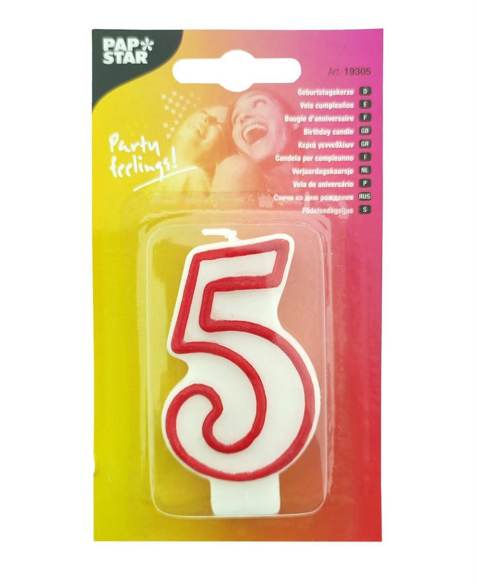 PAPSTAR Geburtstagskerze Zahlenkerze 5 Weiß Rot 73mm (Stück, 1-tlg., Zahlenkerze), Geburtstagskerze Geburtstagstorte Tortendekoration Kuchendekoration