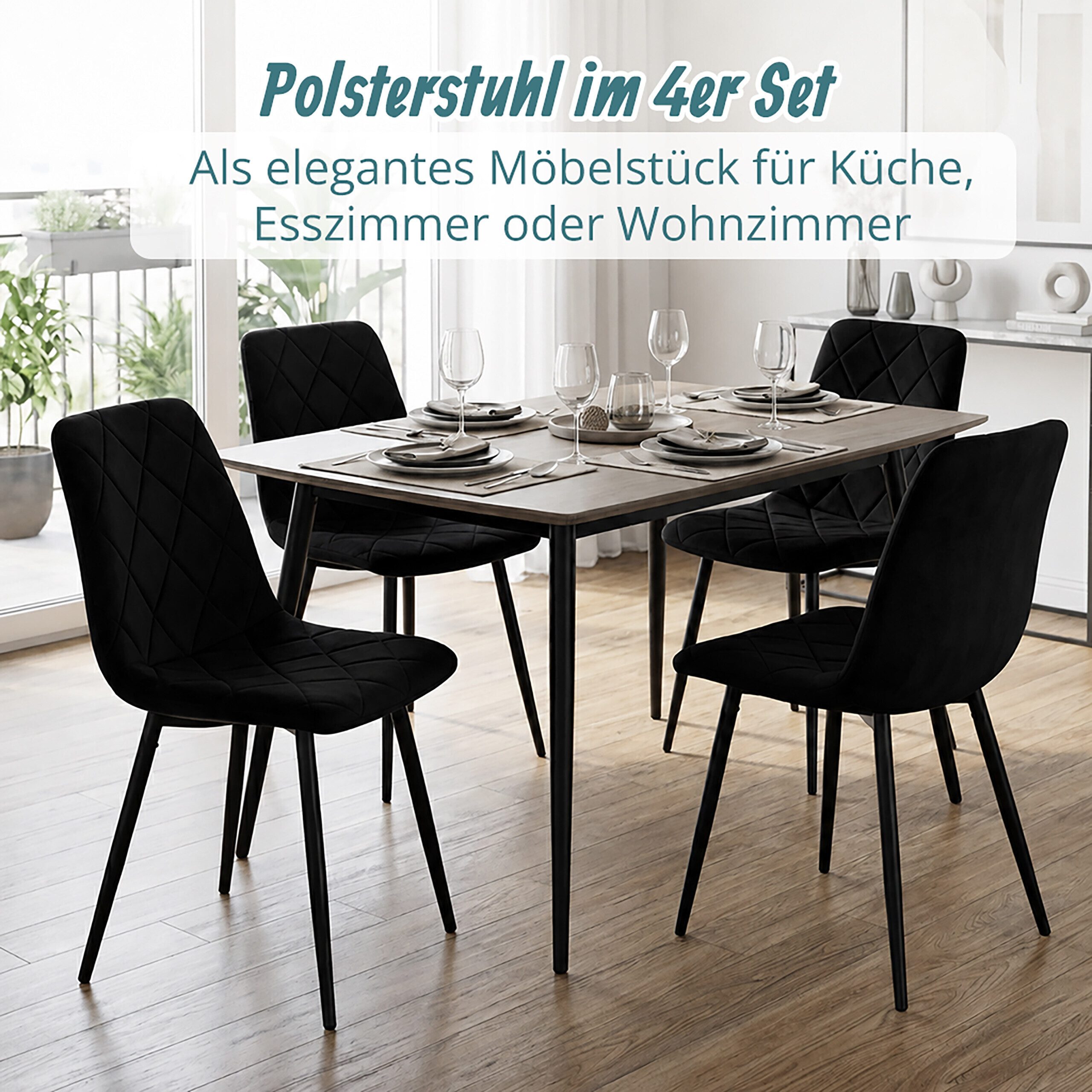 relaxdays Esszimmerstuhl Samt Esszimmerstuhl Set (4 St), schwarz, 4er-Pack – Bild 2 von 5