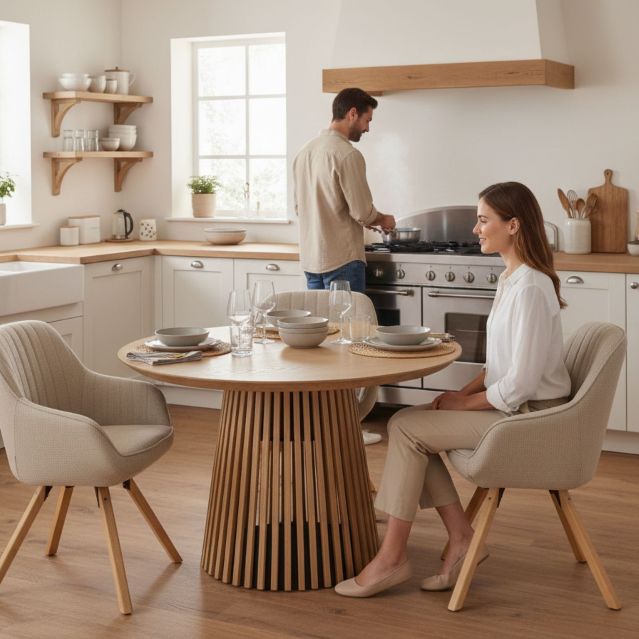 MR.DEKO Esszimmer-Set Diningsessel-Set 2x Stuhl Matera beige & Tisch Oria E günstig online kaufen