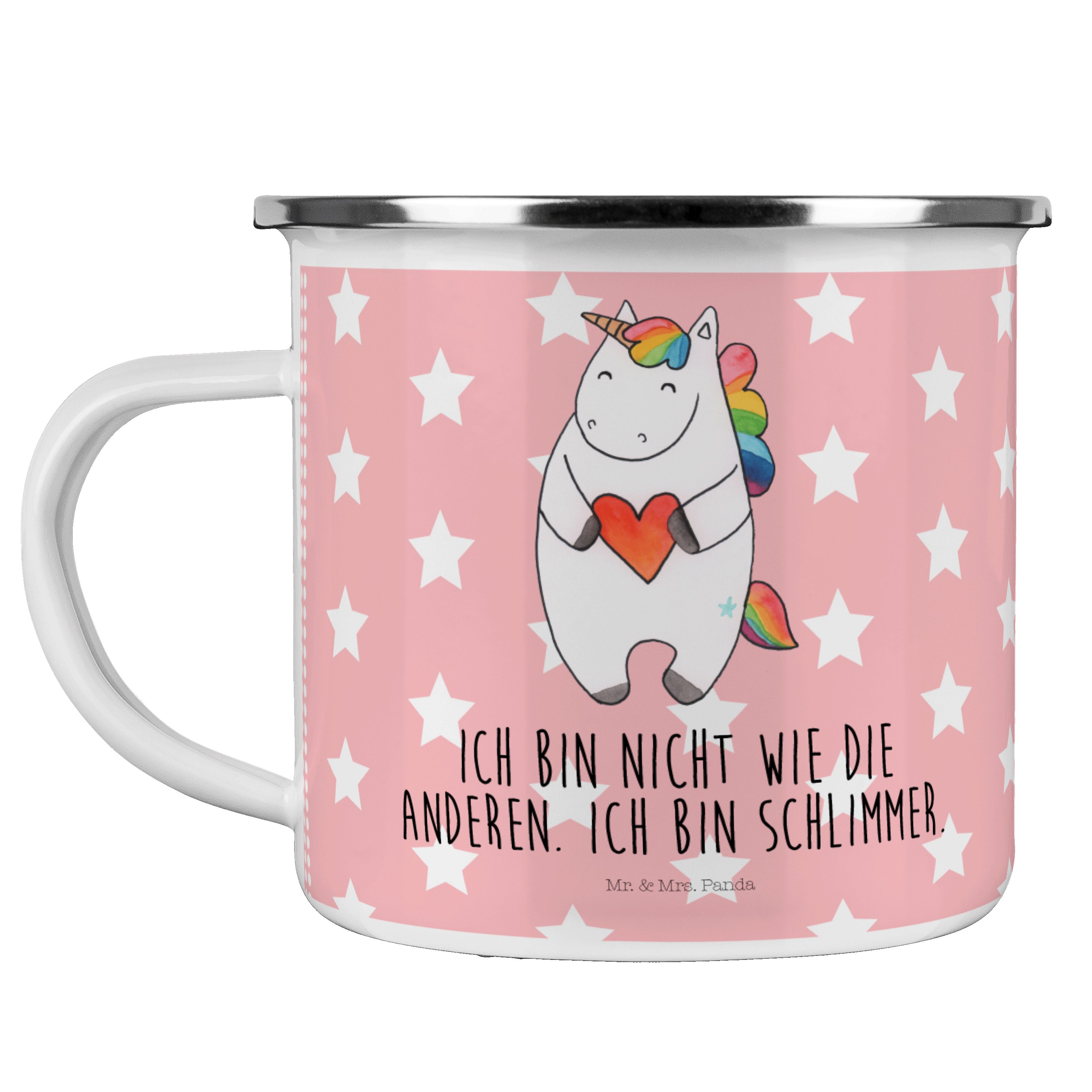 Mr. & Mrs. Panda Becher Einhorn Herz - Rot Pastell - Geschenk, witzig, schlimm, bunt, Pegasus, Emaille
