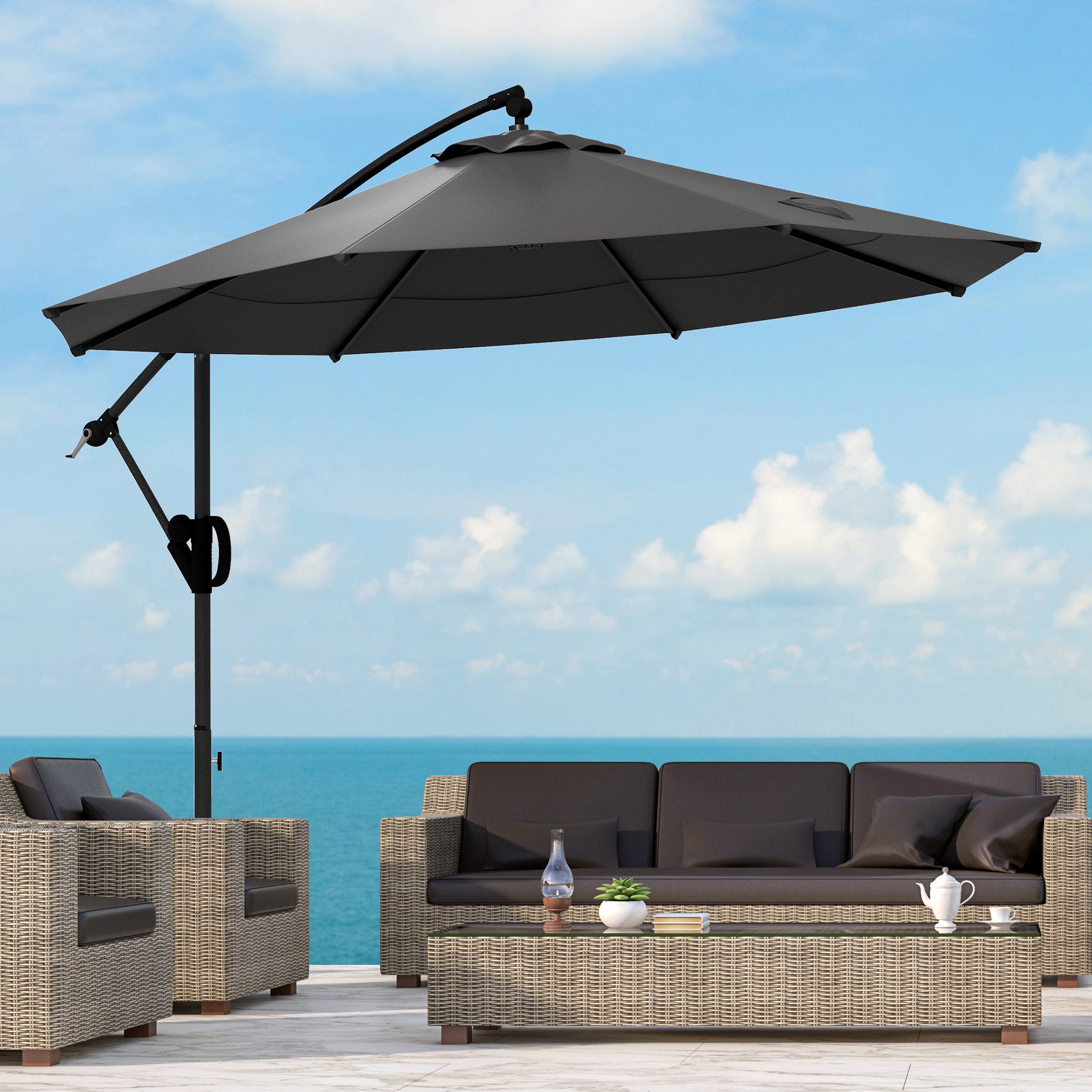 Outsunny Ampelschirm Ampelschirm mit Kreuzfuß, Sonnenschirm mit Kurbel und Neigung, LxB: 293x293 cm, Balkonschirm, Marketschirm, für Außenpool, Garten, Balkon, Grau