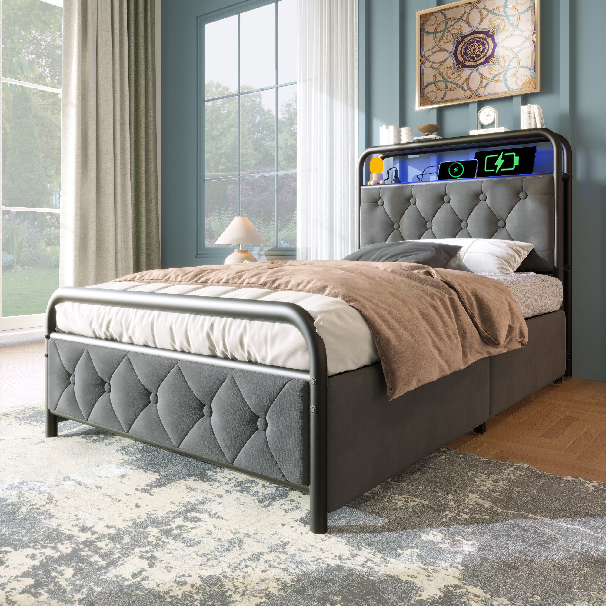 Flieks Metallbett, LED Polsterbett Einzelbett 90x200cm günstig online kaufen