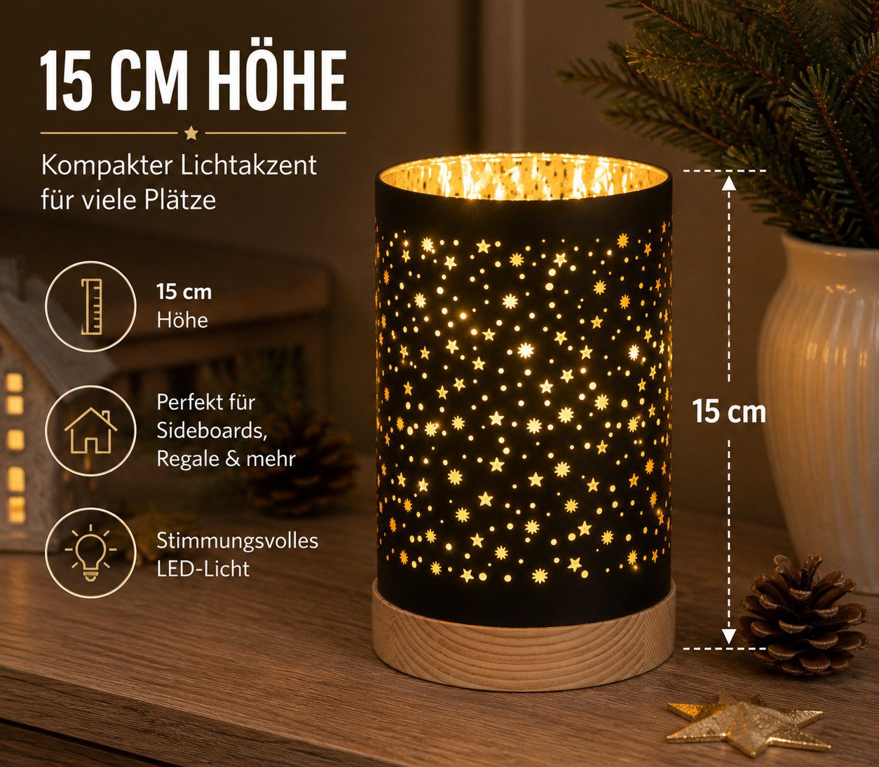 formano LED Dekolicht LED Deko Licht Schwarz 15 cm Glas mit Timerr 6h/18h Weihnachten, LED fest integriert – Bild 4 von 5