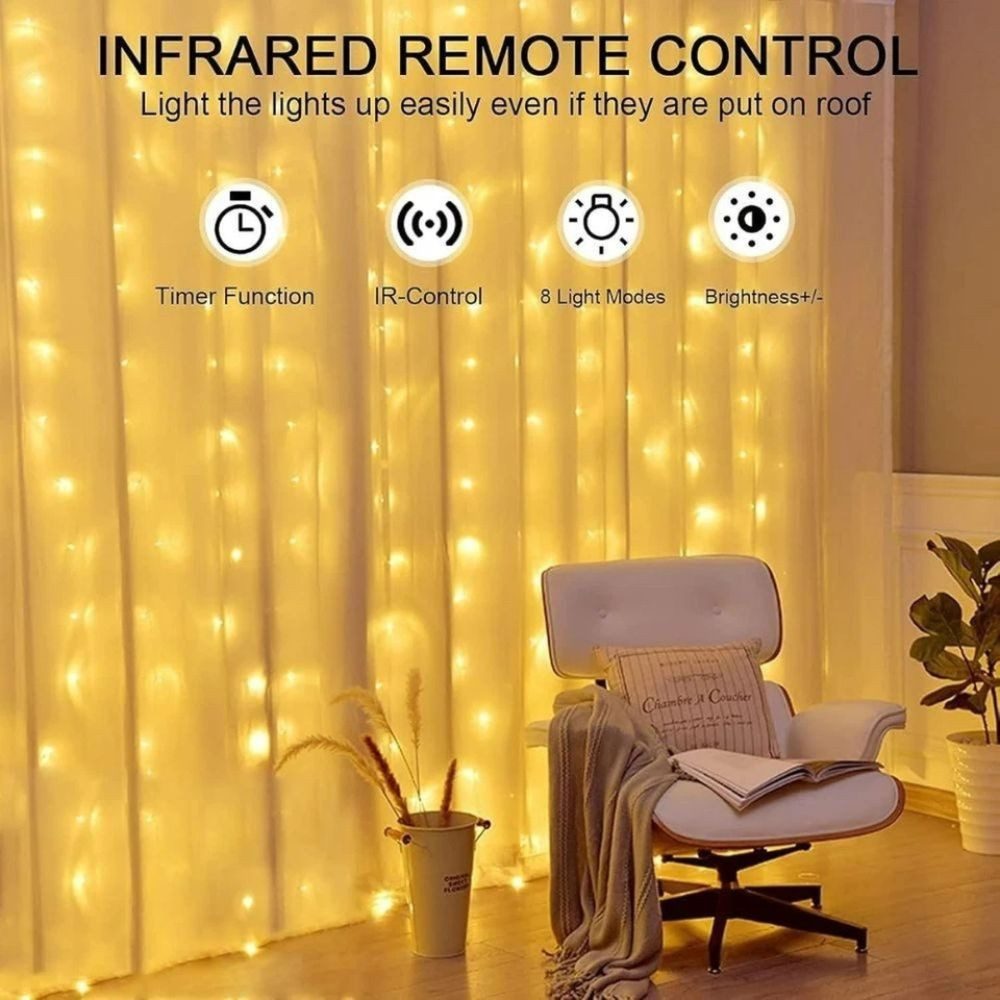 Montegoni LED-Lichterkette 3x3m 300 LED Lichtervorhang Lichternetz Lichterkette mit Fernbedienung, Wasserfeste LED Lichterkette mit 8 Modi und Fernbedienung – Bild 4 von 5