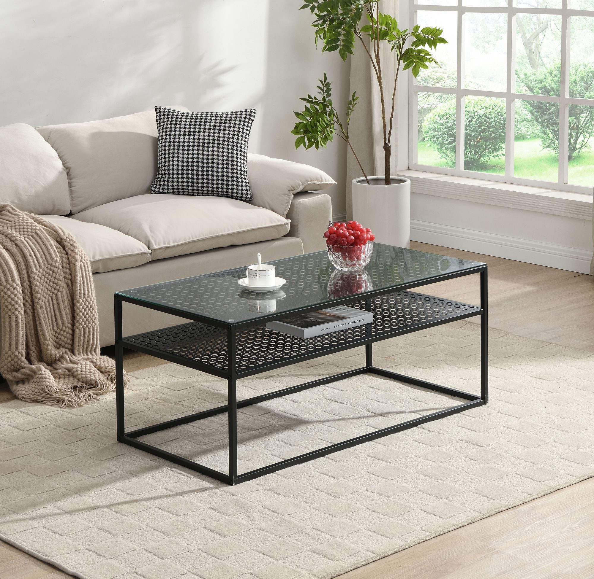 FINEBUY Couchtisch FB72741 Wohnzimmertisch Glas Rechteckig 100 cm Metall Ablage Modern (Sofatisch Glas Rechteckig 100 cm Schwarz Ablage), Wohnzimmertisch Industrial, Metallgestell Modern