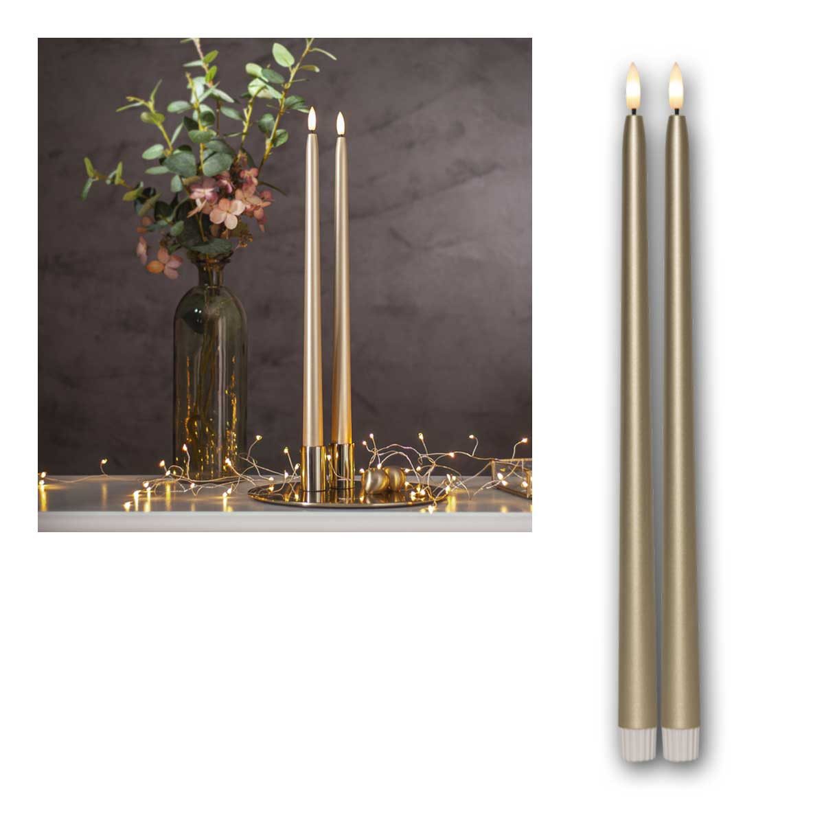 STAR TRADING LED-Kerze LED Stabkerzen "FLAMME METAL" 2er Set gold 39cm, warmweiß