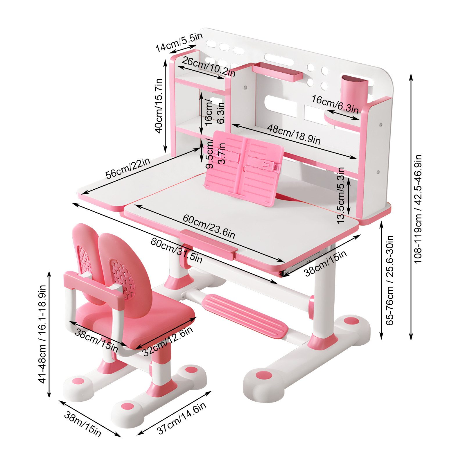 Rutaqian Kinderschreibtisch Kinder-Schreibtisch- und Stuhl-Set,Höhenverstellbar mit Sitzkorrektur (Multifunktionsschreibtisch mit Leseständer,Schublade,Rucksackhaken, 1-St., Ergonomischer Schreibtisch-Stuhl Set,Zonenförmig gestalteter Stauraum), Verstellbarer Schreibplatte, Kinder Schreibtisch für Jungs & Mädchen