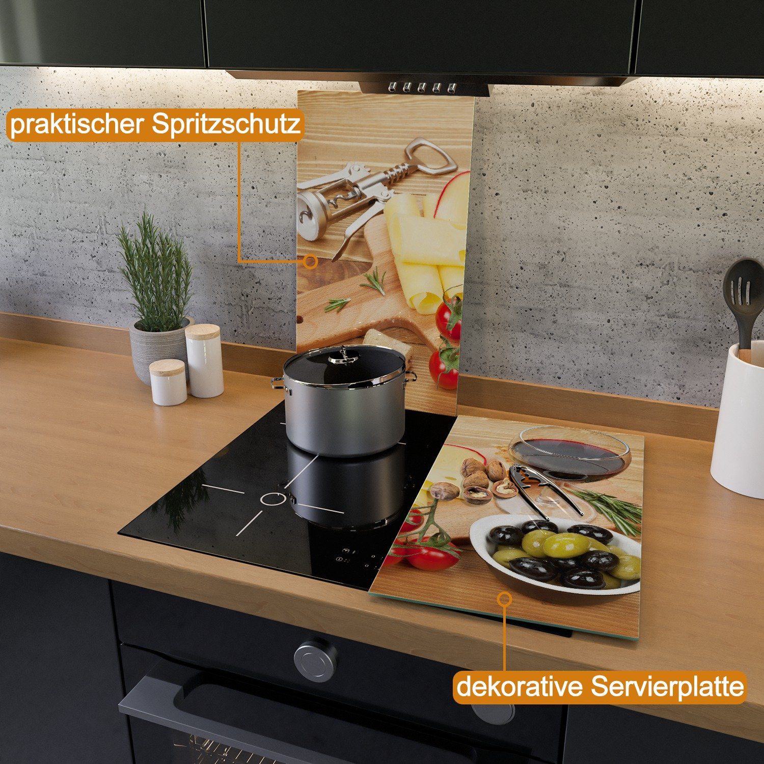 Wallario Herd-Abdeckplatte Genuss am Abend - Rotwein, Käseplatte, Oliven und Tomaten, ESG-Sicherheitsglas, (Glasplatte, 2 tlg., inkl. 5mm Noppen), verschiedene Größen