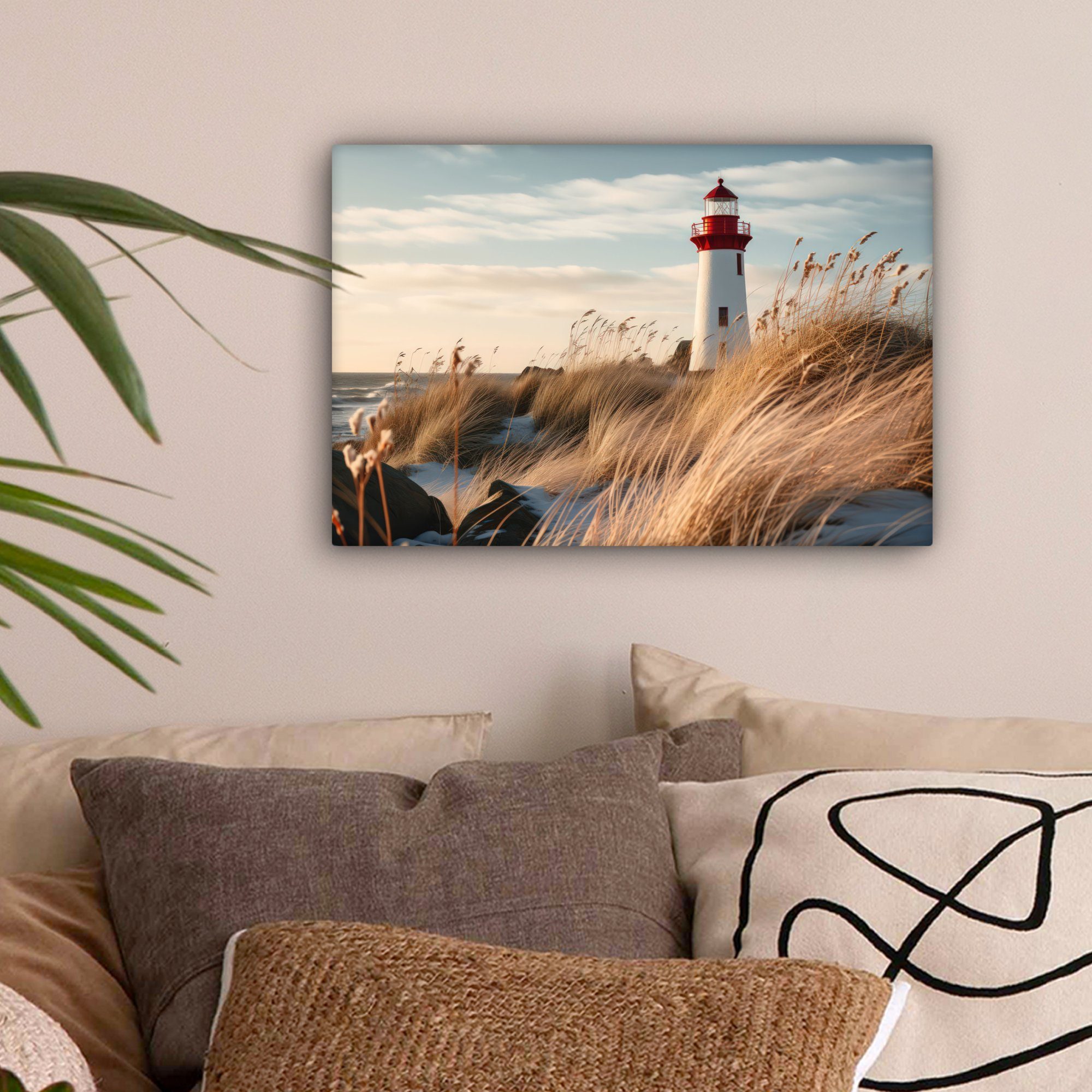 OneMillionCanvasses® Leinwandbild Leuchtturm - Gras - Dünen - Meer - Natur günstig online kaufen