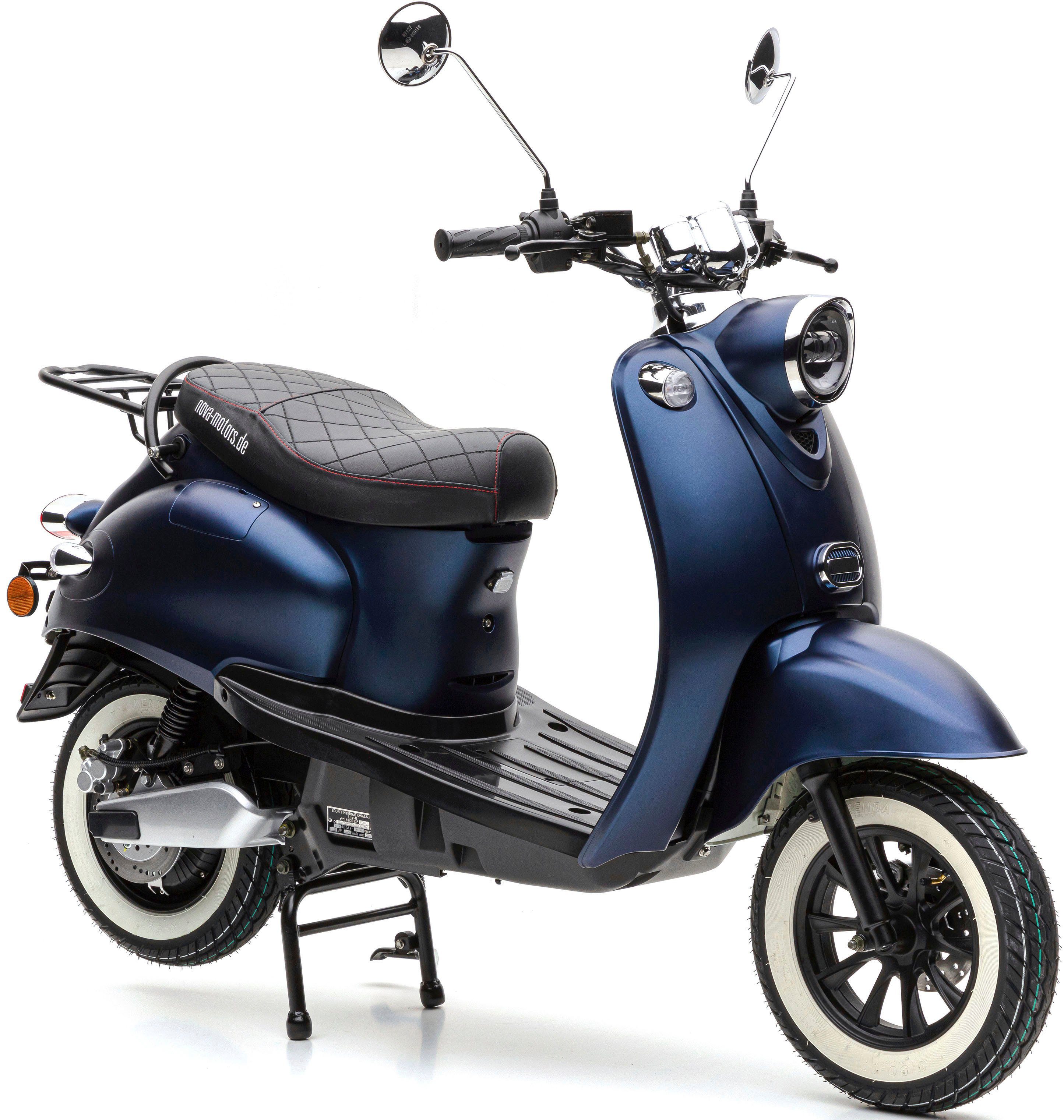 km/h, Mit gesteppter 2000 blau eRetro Nova Li und Weißwandreifen, W, digitalem Premium, Star Tacho E-Motorroller Motors 45 Sitzbank