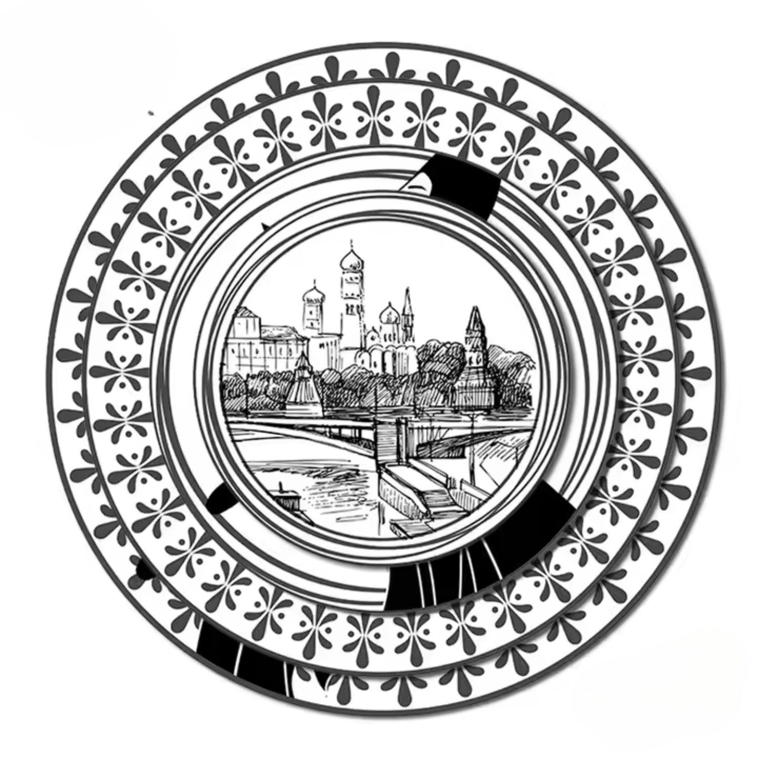 Quality Elegance Speiseteller Schwarz-Weiß mit Retro-Dame & Altstadt-Motiv, Fine Bone China, (4 St), 45 % Knochenasche
