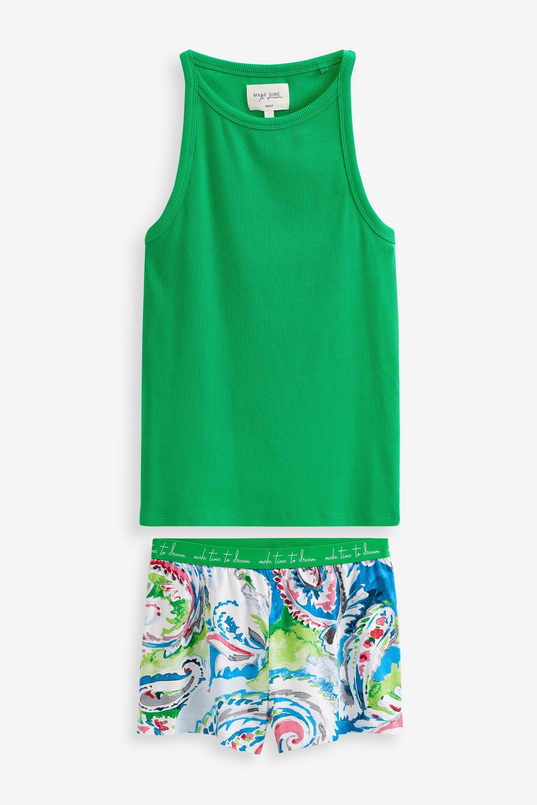 Next Pyjama Schlafanzug mit Ripp-Trägertop und Shorts, Petite (2 tlg) Bright Green Abstract