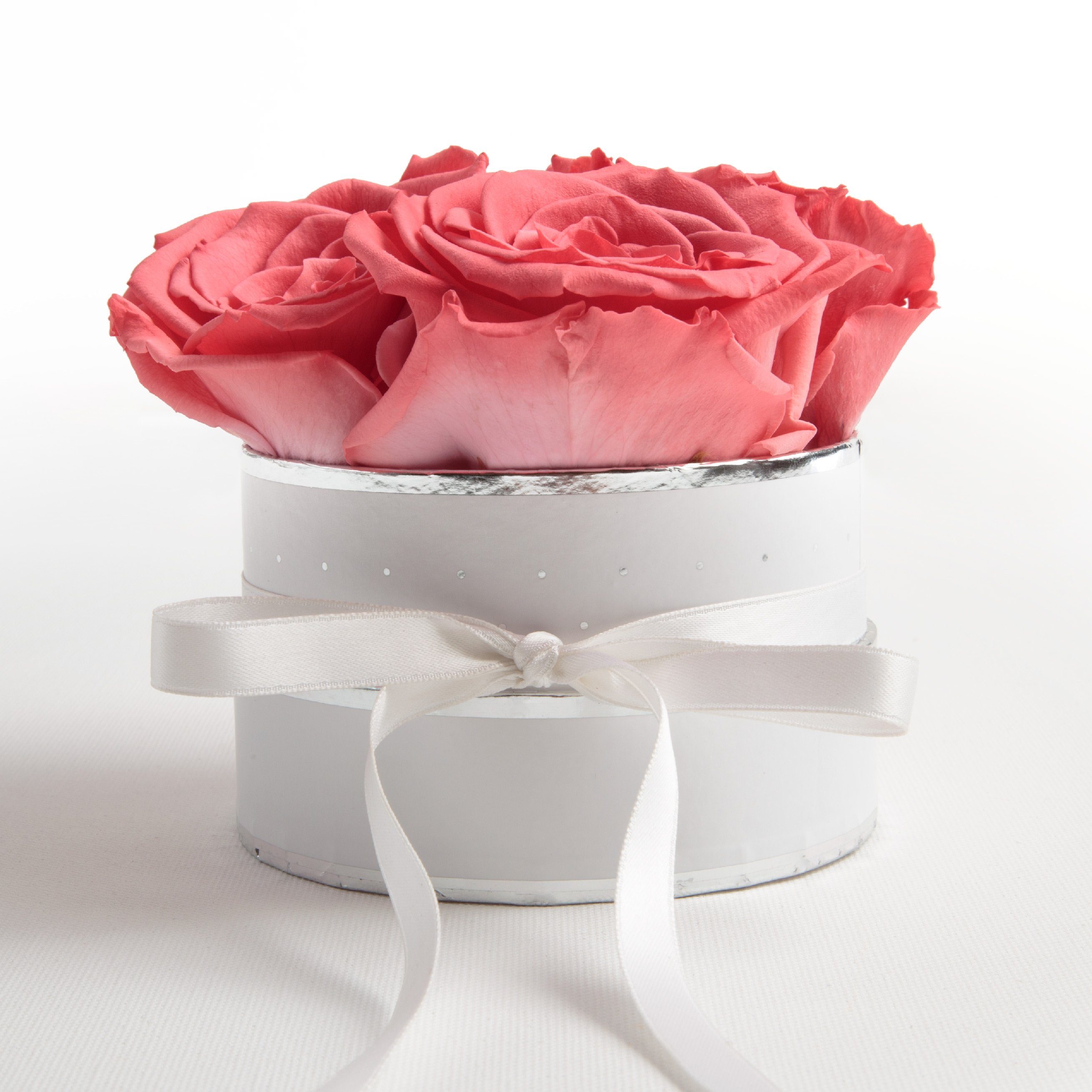 Kunstblume Infinity Rosenbox weiß rund 4 konservierte Rosen inklusiv Geschenkbox Rose, ROSEMARIE SCHULZ Heidelberg, Höhe 10 cm, echte Rosen haltbar 3 Jahre Koralle