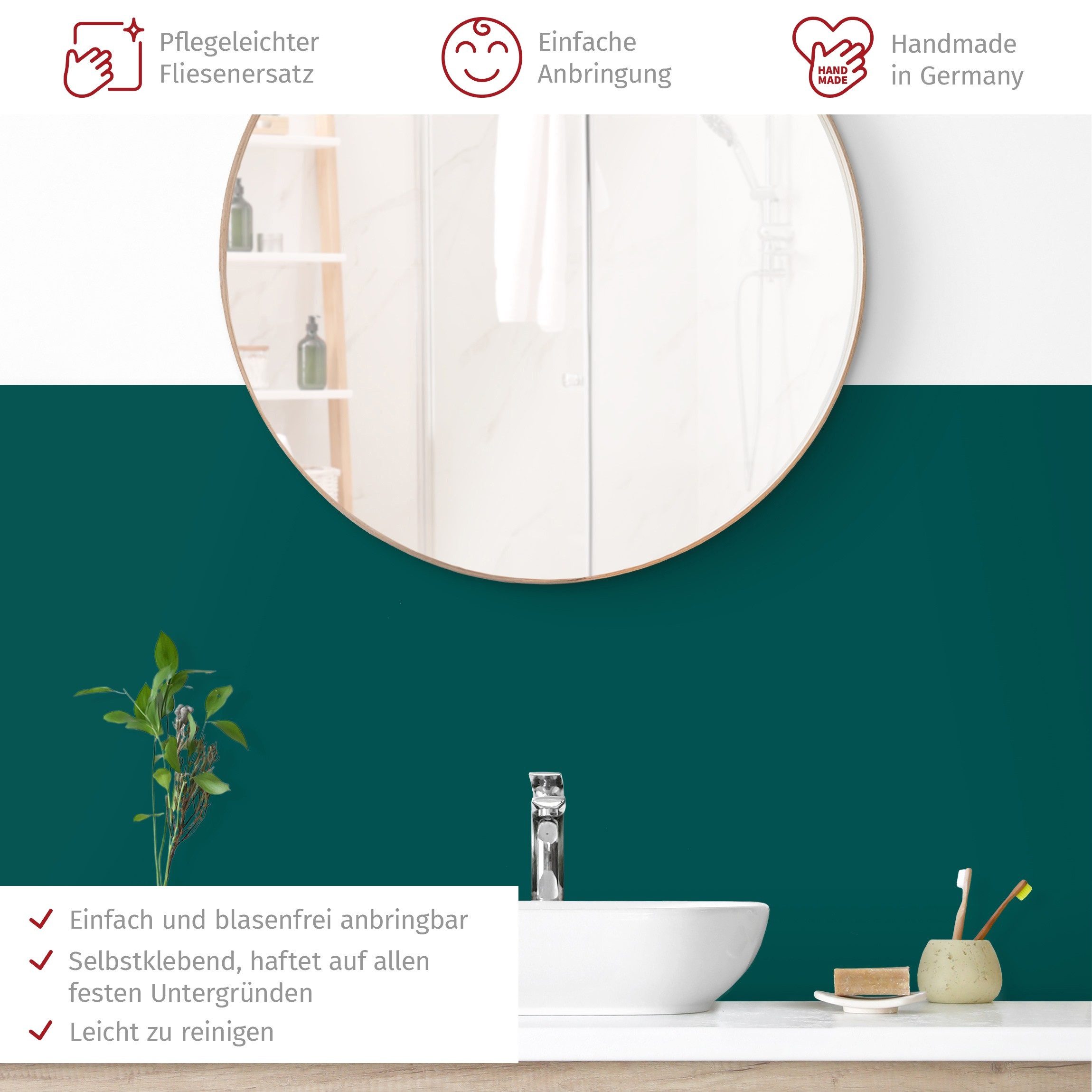 Bilderdepot24 Badrückwand grün fugenlose Wandverkleidung Bad Unifarben, (Hartfolie matt » Selbstklebend SMART 0,35 mm), wasserfestes Wandpaneel Piniengrün