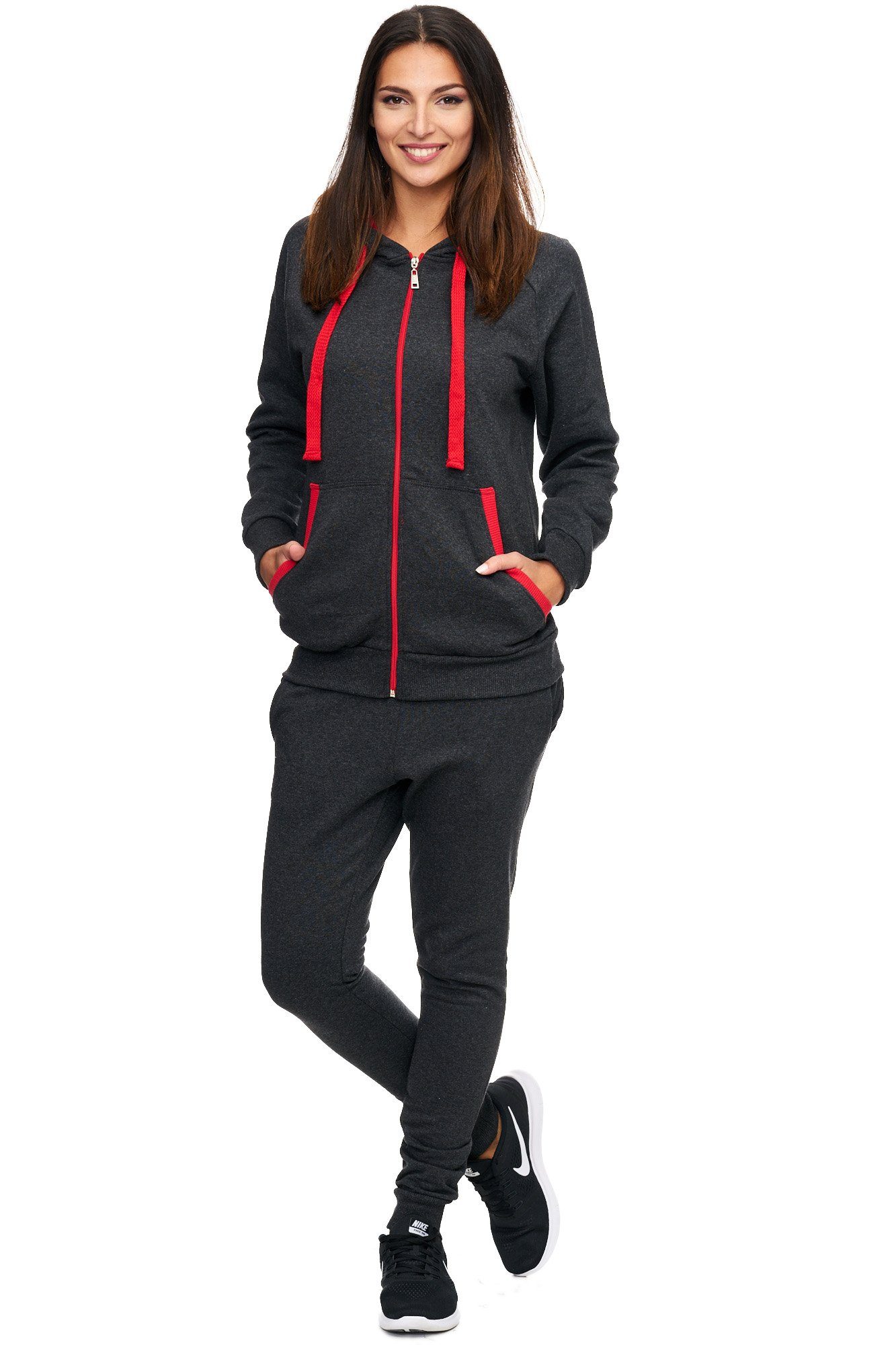L.gonline Freizeitanzug Damen Freizeitanzug Jogginganzug Sweatwear 704 (Kapuzenjacke mit Reißverschluss, Hose, 2-tlg), Fitness Freizeit Casual