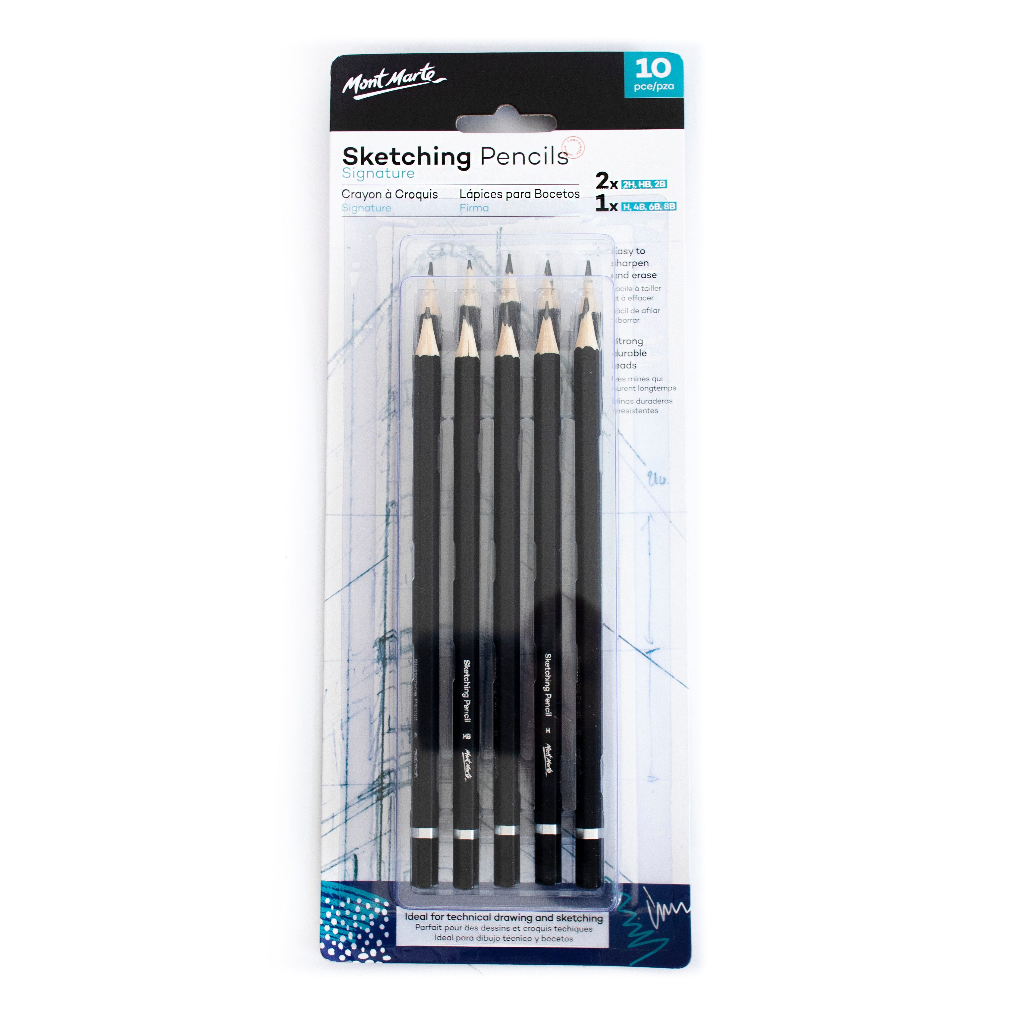 Mont Marte Bleistift - Skizzierstifte Set 10 tlg. – Kohlestifte Set verschiedene Härtegrade, (10-tlg., SIGNATURE), für feine Linien, Schattierungen & Zeichnungen